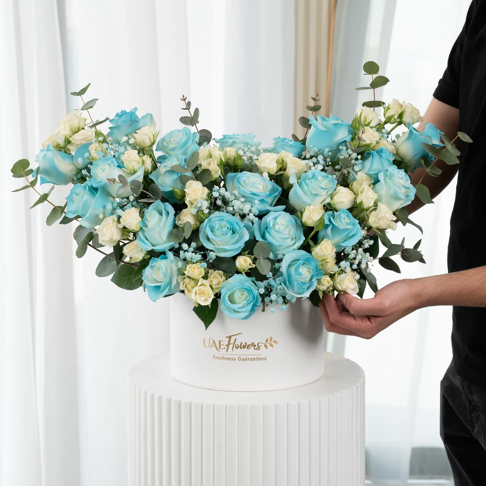 A box arrangement of 20 blue sprayed roses and 5 white spray roses with green & Baby's breath fillers.