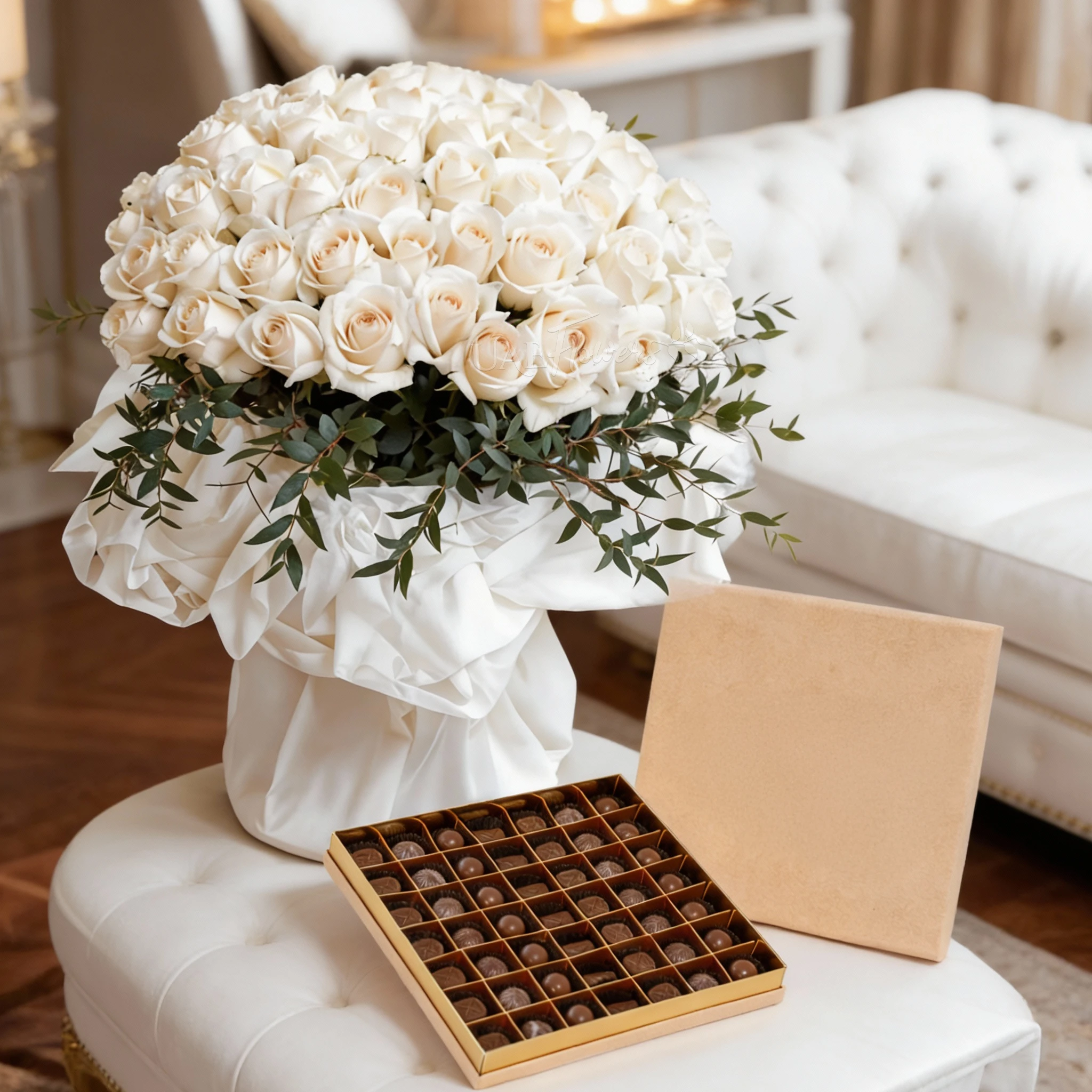 Bouquet of White Roses with white wrapping and 49 Pcs Pistache Luxe Masterpiece Chocolate Box.