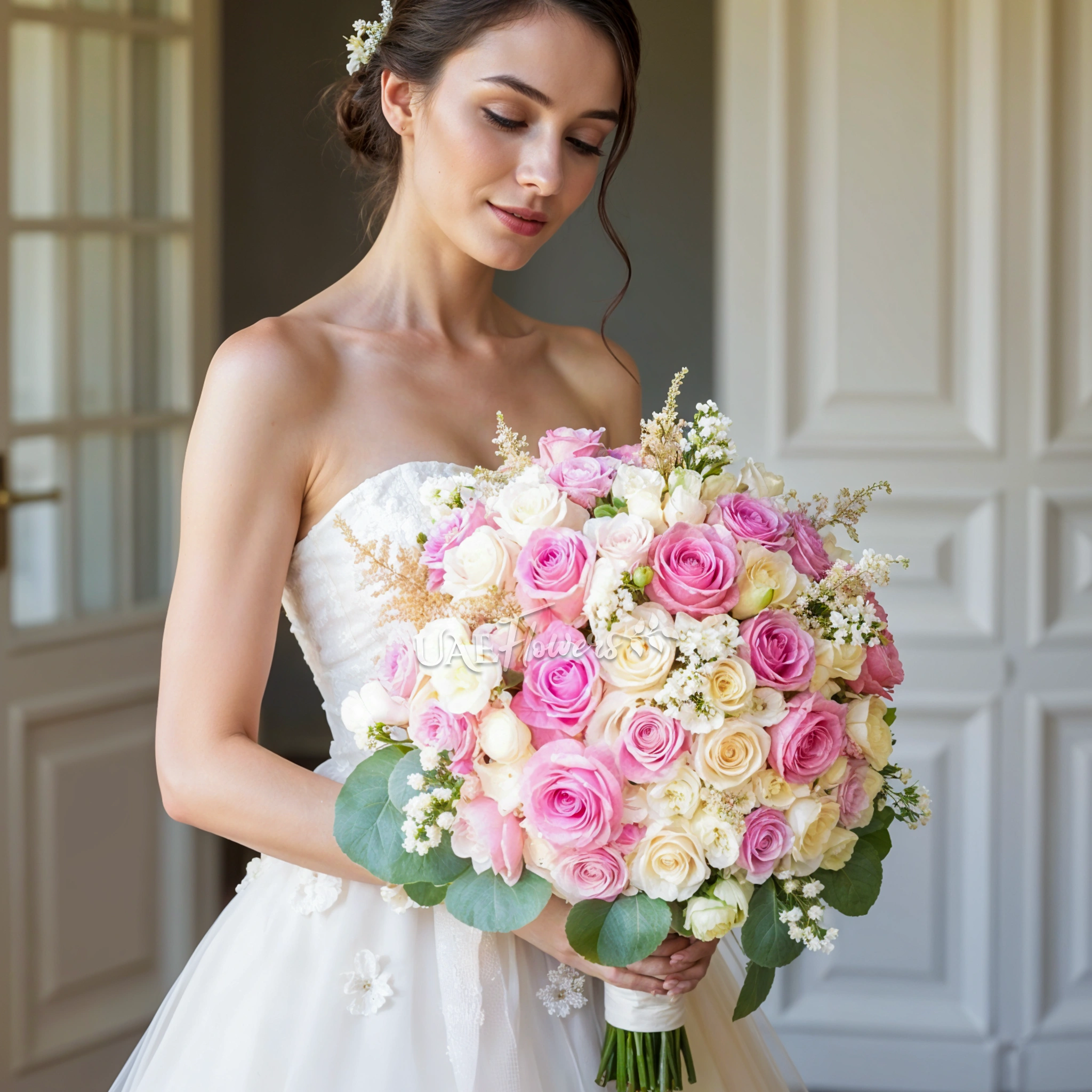 Bridal hand-tied bouquet of pink and white roses, white lisianthus and astible fillers with greens.
