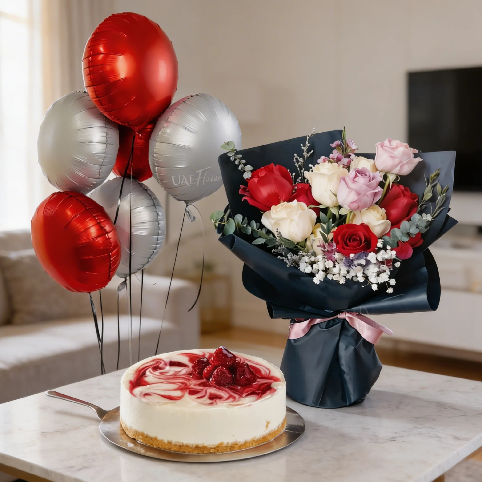 Mixed Roses with Raspberry Cheesecake and Balloons Mixed Roses with Raspberry Cheesecake and Balloons