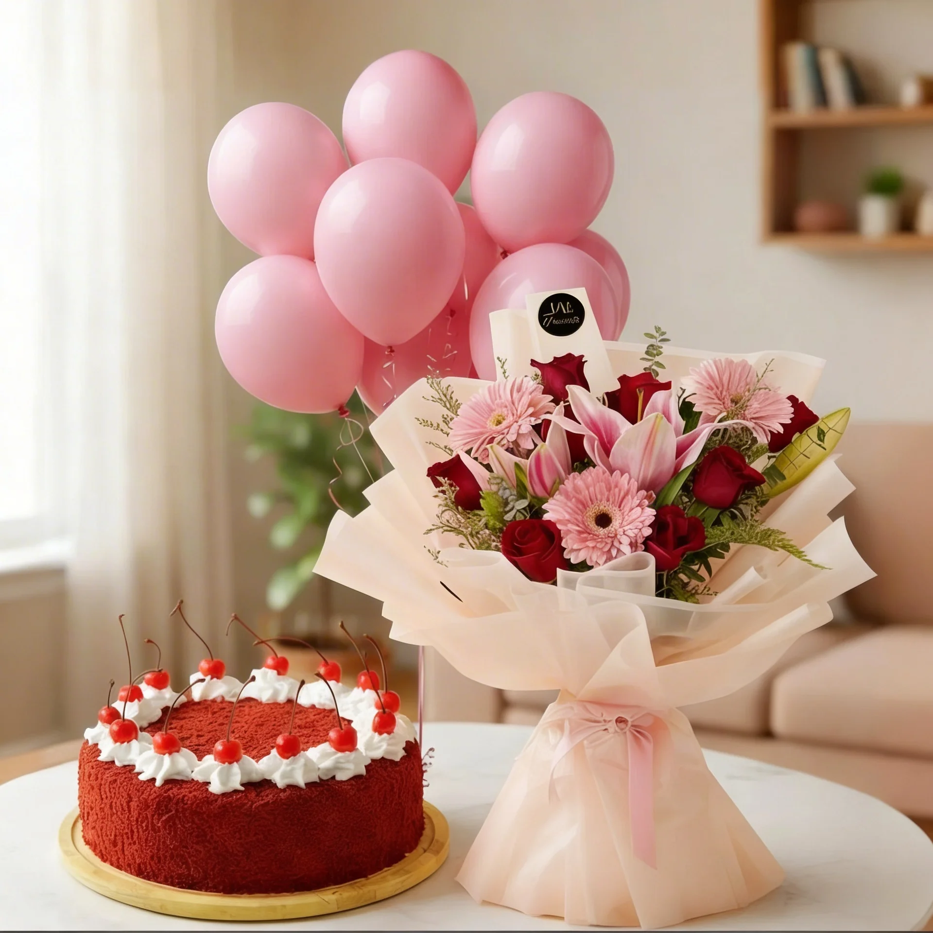 Red Roses with Pink Balloons and Red Velvet Cake Red Roses with Pink Balloons and Red Velvet Cake