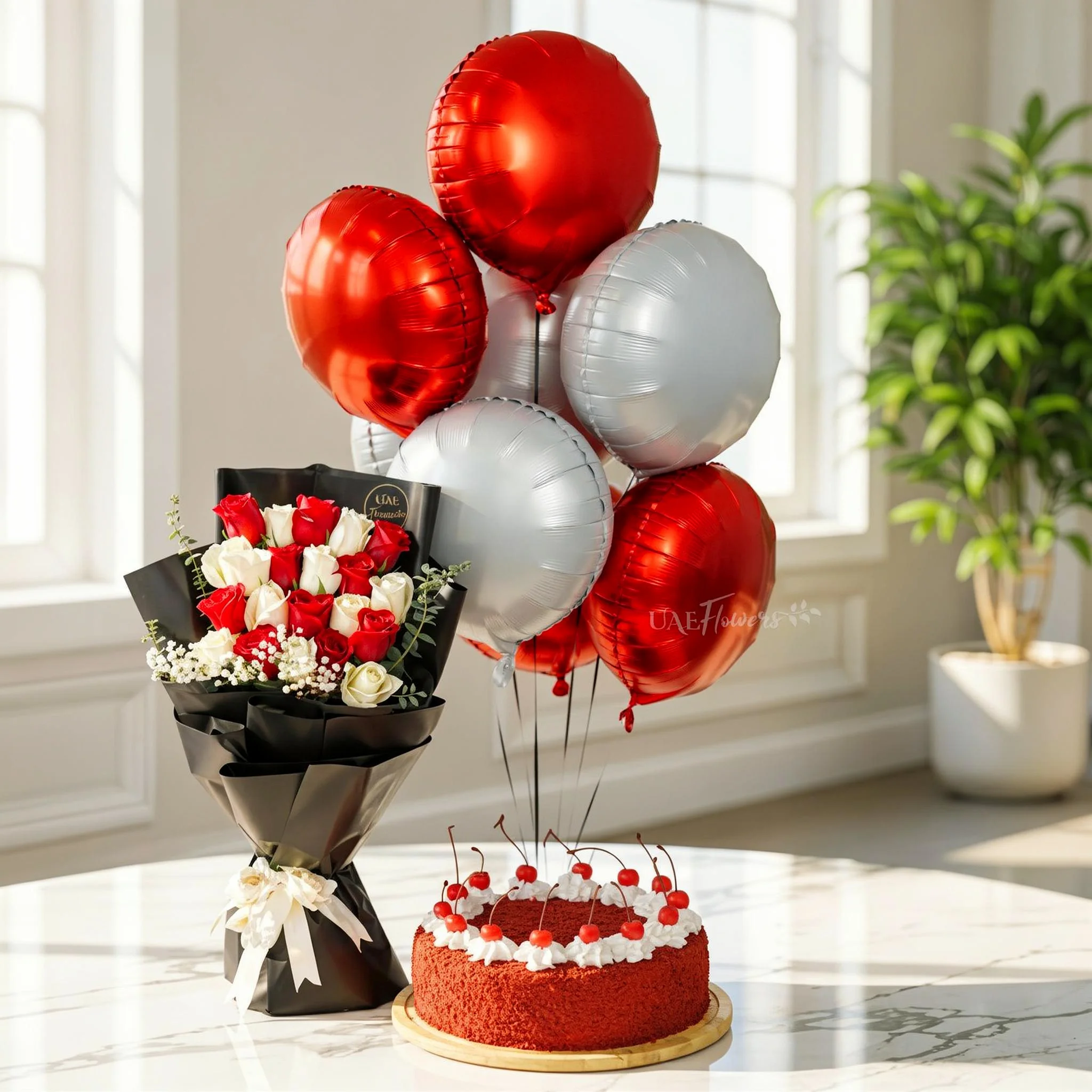 Red & White Roses with Red Velvet Cake and Balloons Red & White Roses with Red Velvet Cake and Balloons