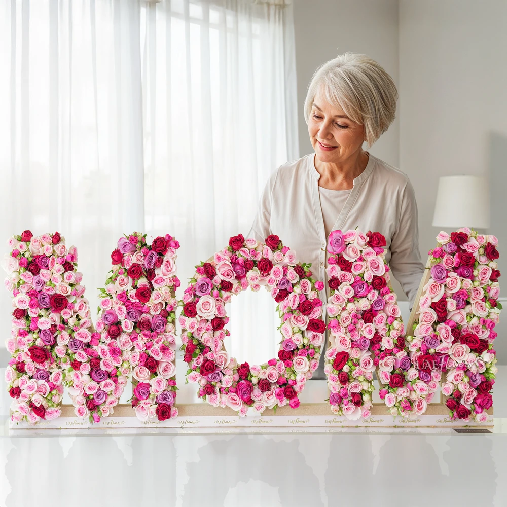 Roses & spray roses in an MOM shape arrangement.