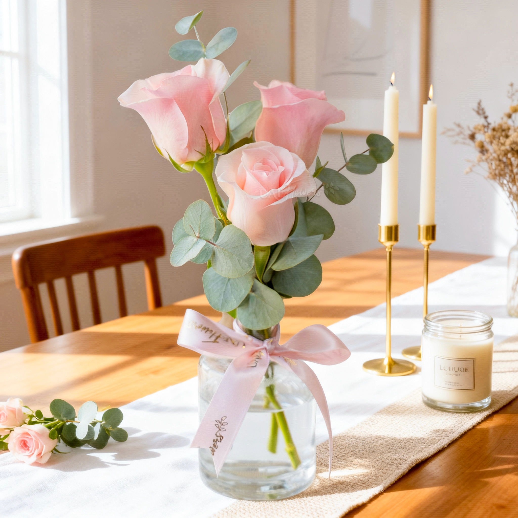 3 pink roses in a clear vase with eucalyptus