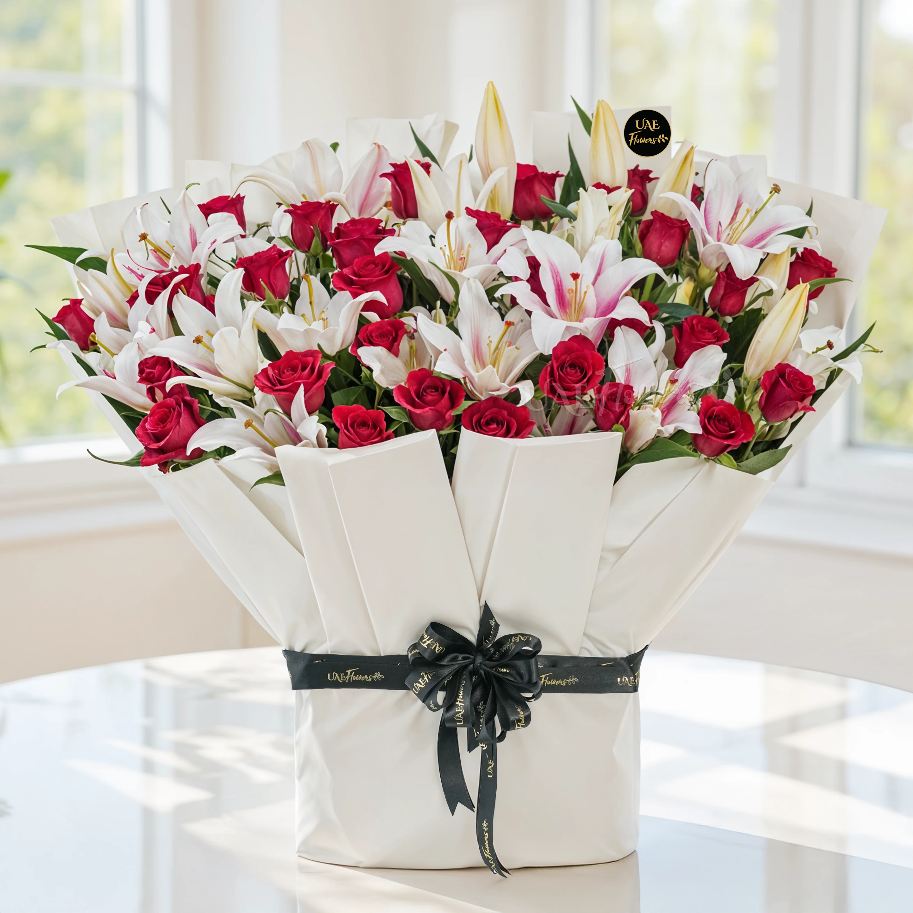 Bouquet of 10 pink lilies and 30 red roses with green fillers tied with ribbons.