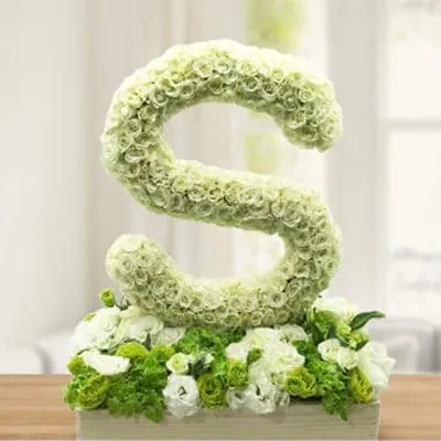 A box featuring the letter S composed of 60 white baby roses, while the bottom of the box is adorned with 9 white eustomas, 6 white roses, green cabbage flowers, and leaves.