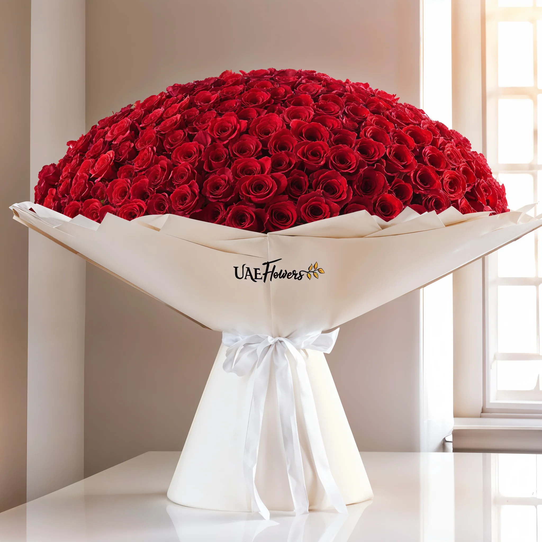 A bouquet of 365 red roses, wrapped in off-white paper and tied with a white ribbon