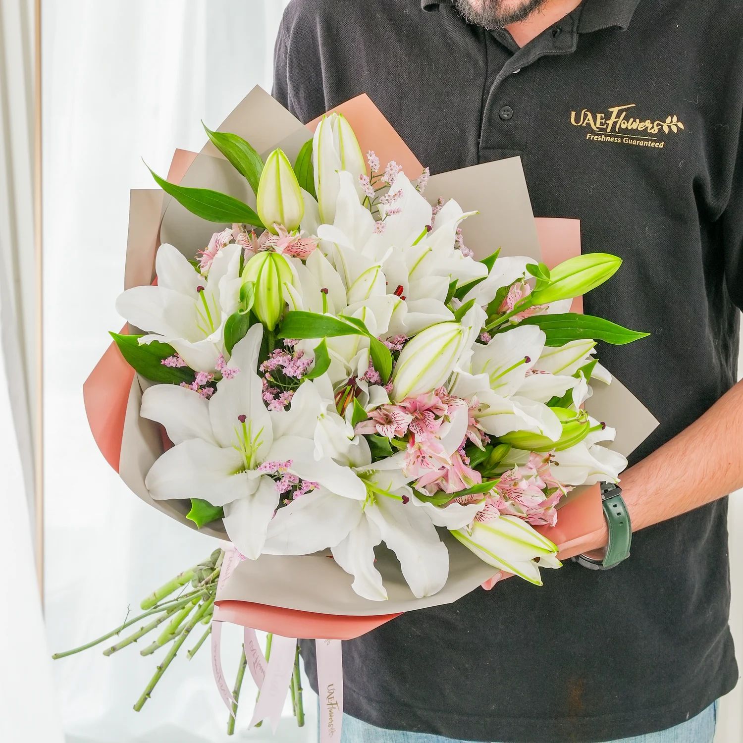 white lilies and white alstroemeria