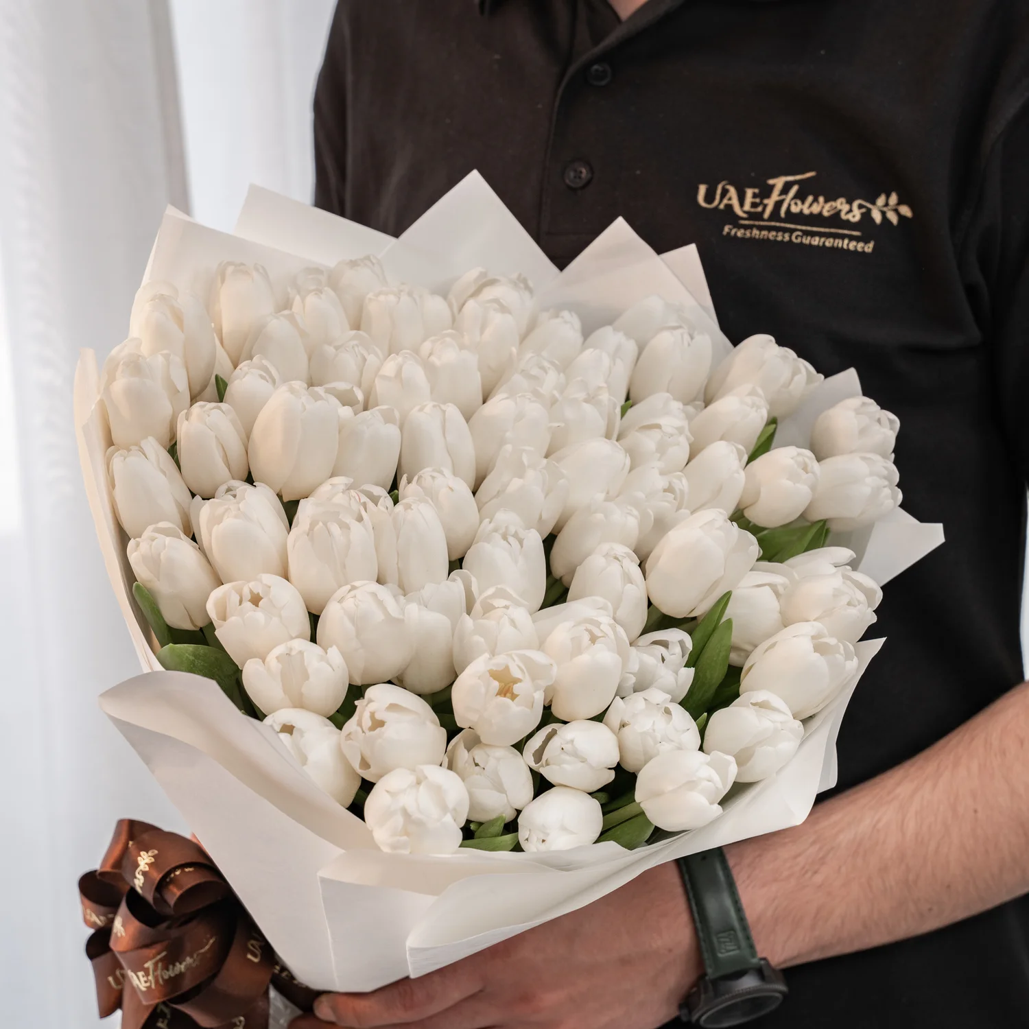 80 white tulips bouquet