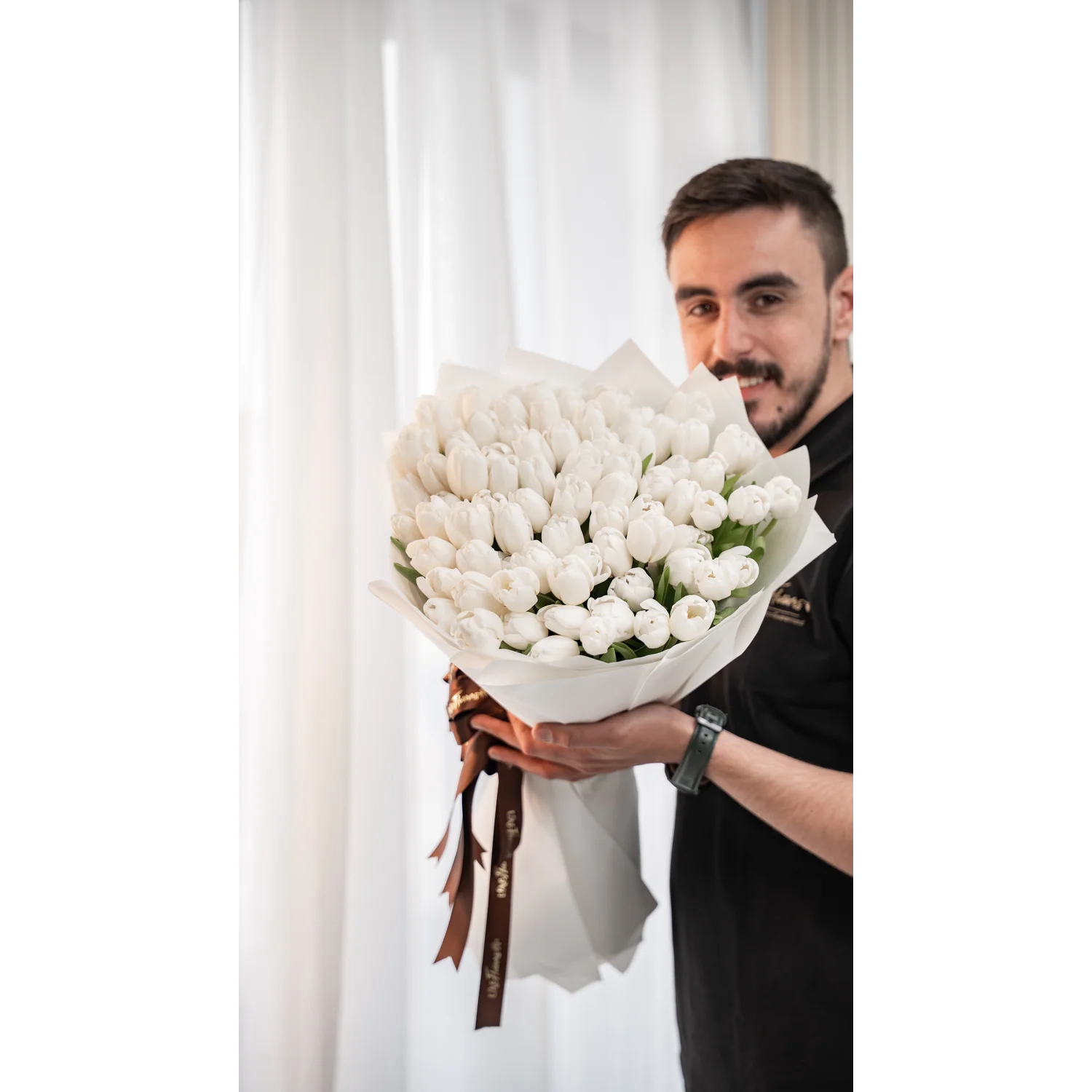 80 white tulips bouquet