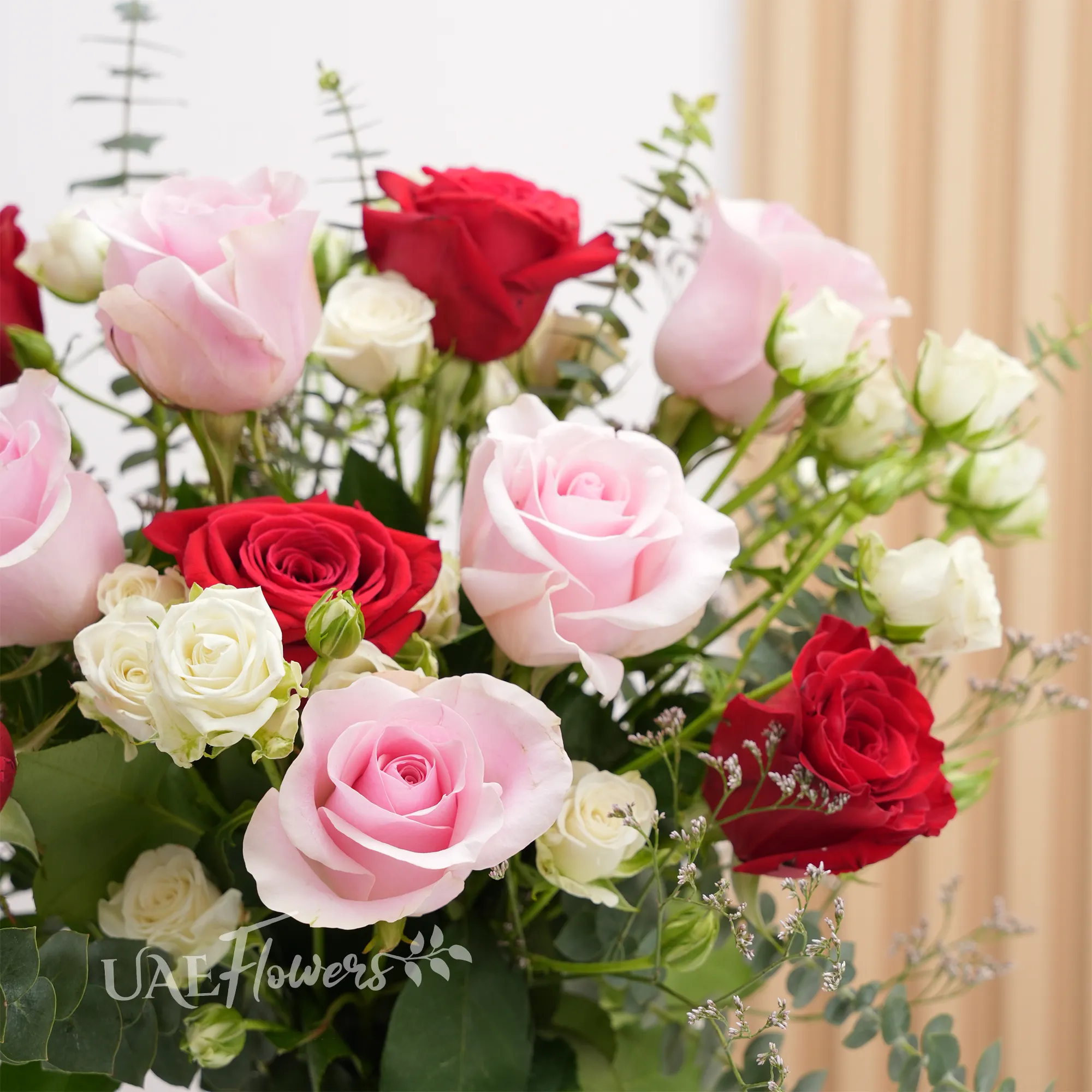 red and pink roses,  white spray roses