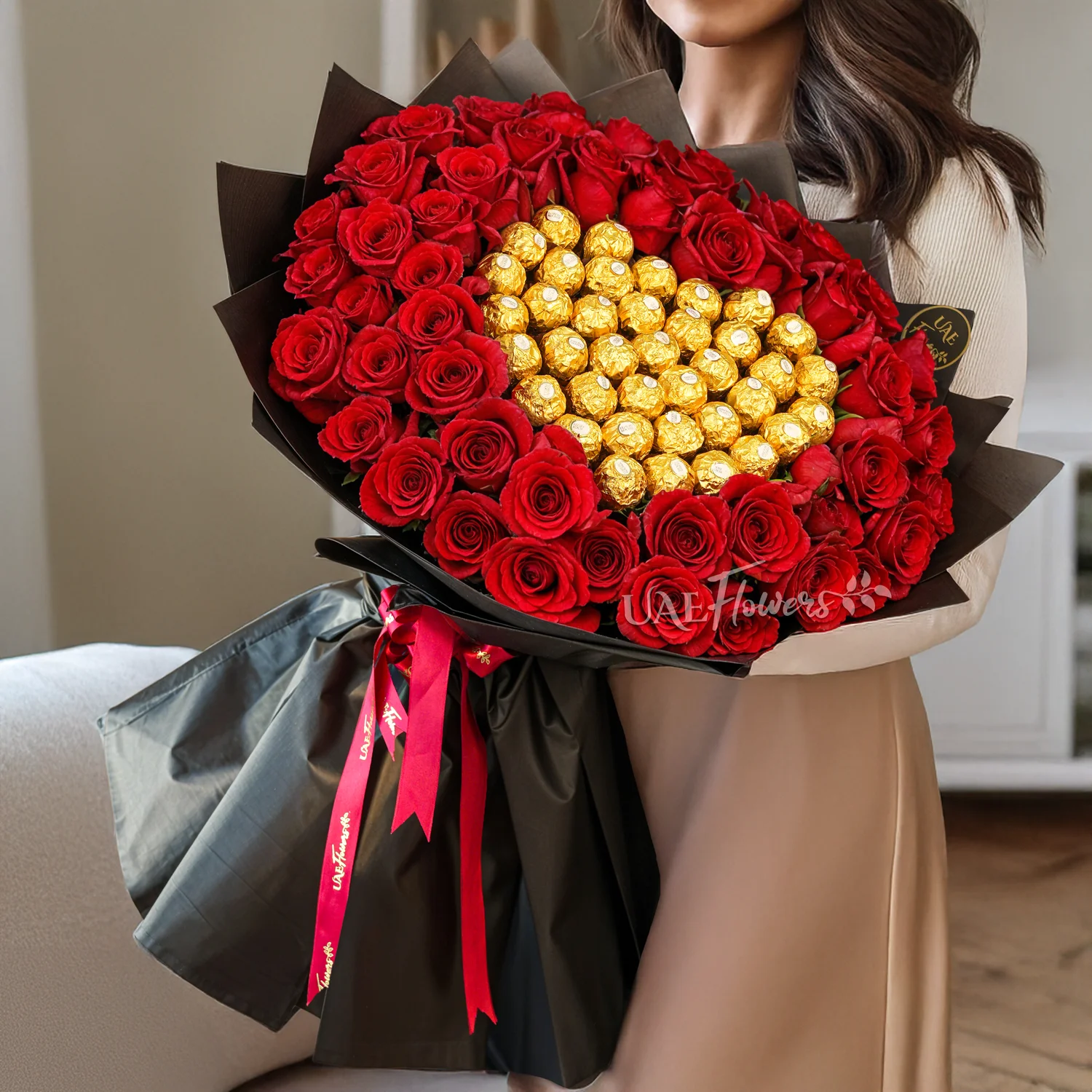 bouquet of 50 red roses with 32 Ferrero Rocher chocolates