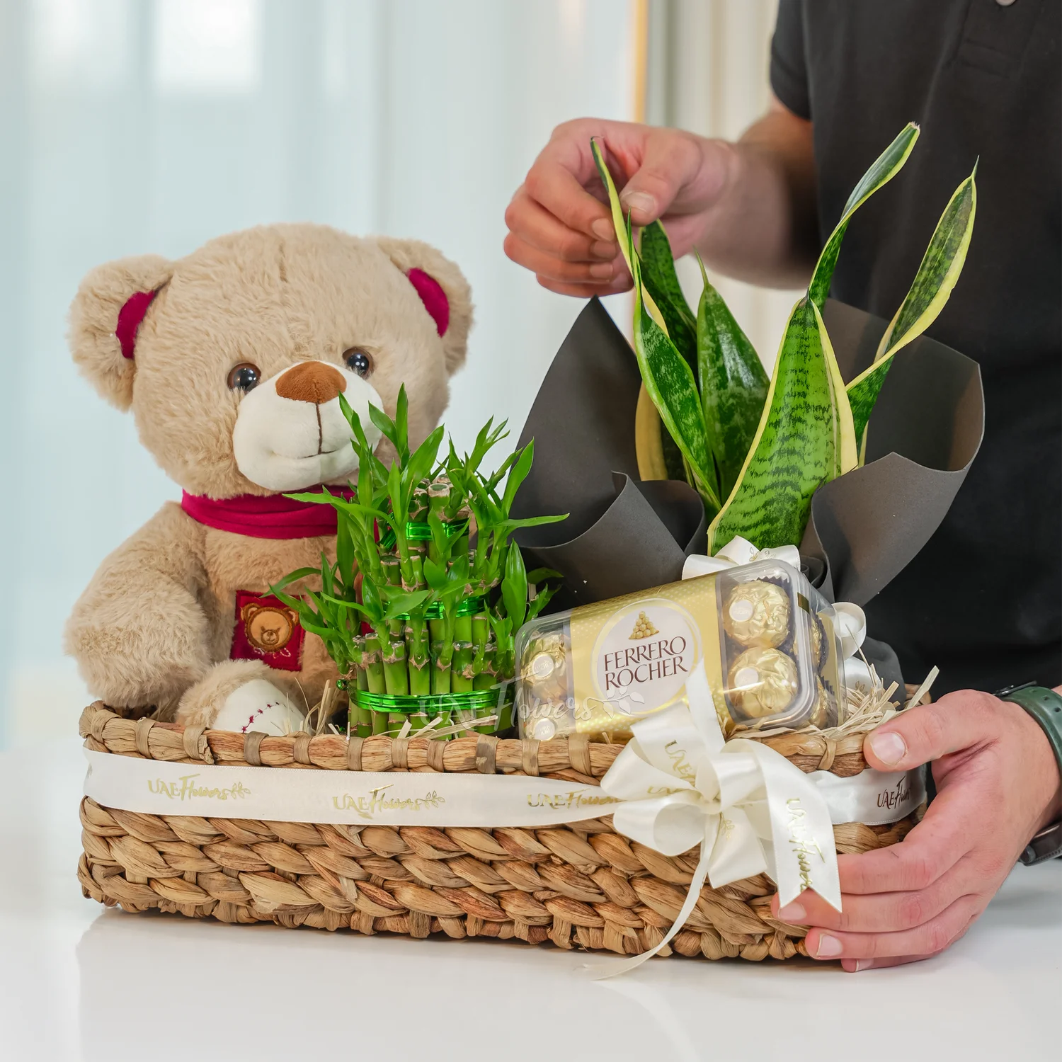 Green Bliss Basket with lucky bamboo, snake plant, chocolates, and teddy bear