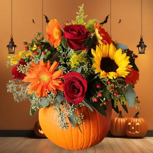 6 red roses, 6 orange gerberas, & 3 sunflowers in a plastic pumpkin for Halloween! 6 red roses, 6 orange gerberas, & 3 sunflowers in a plastic pumpkin for Halloween!