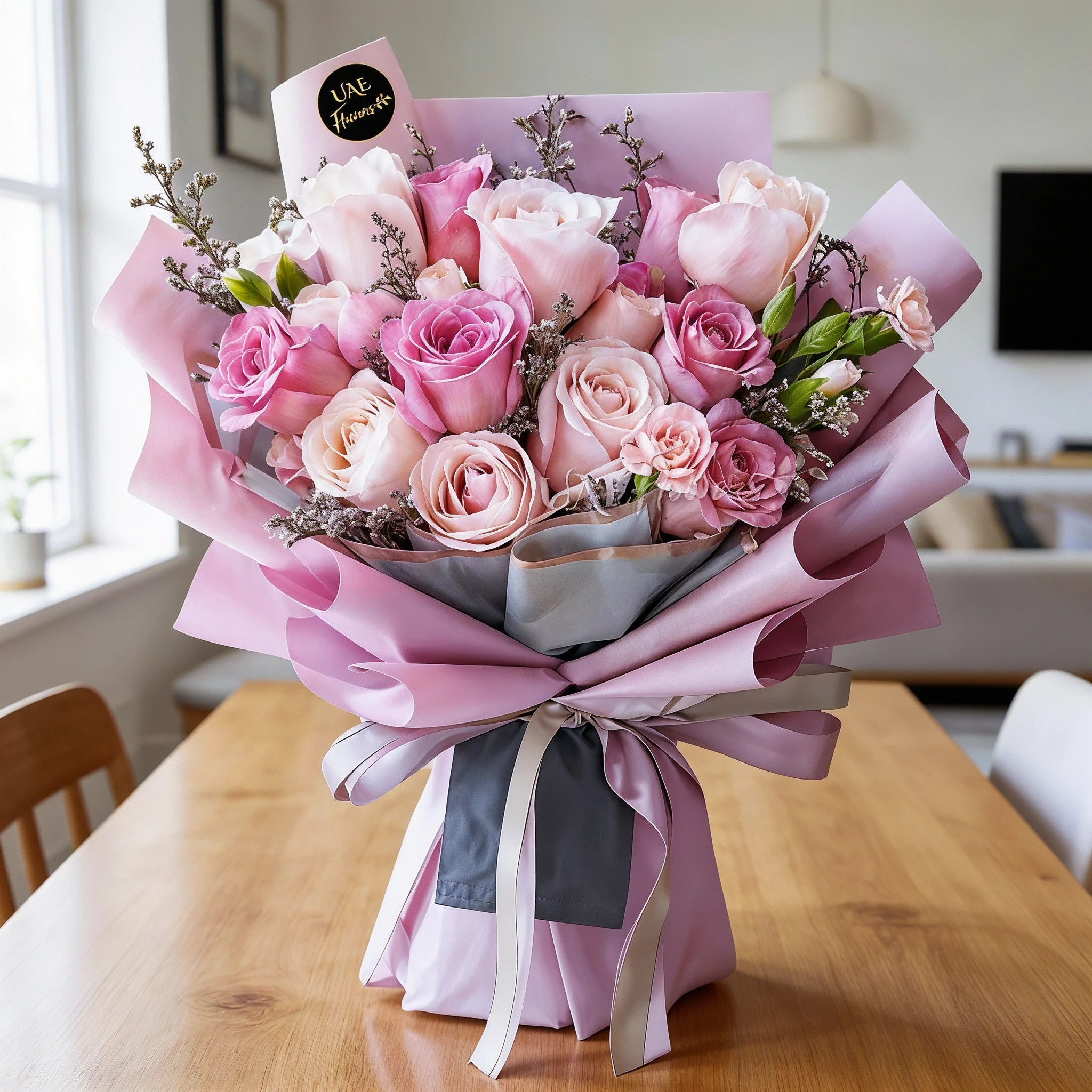 A bouquet of 9 light pink roses, 6 purple roses & 3 light pink carnations with fillers in a purple and grey wrapping paper tied with grey ribbon A bouquet of 9 light pink roses, 6 purple roses & 3 light pink carnations with fillers in a purple and grey wrapping paper tied with grey ribbon
