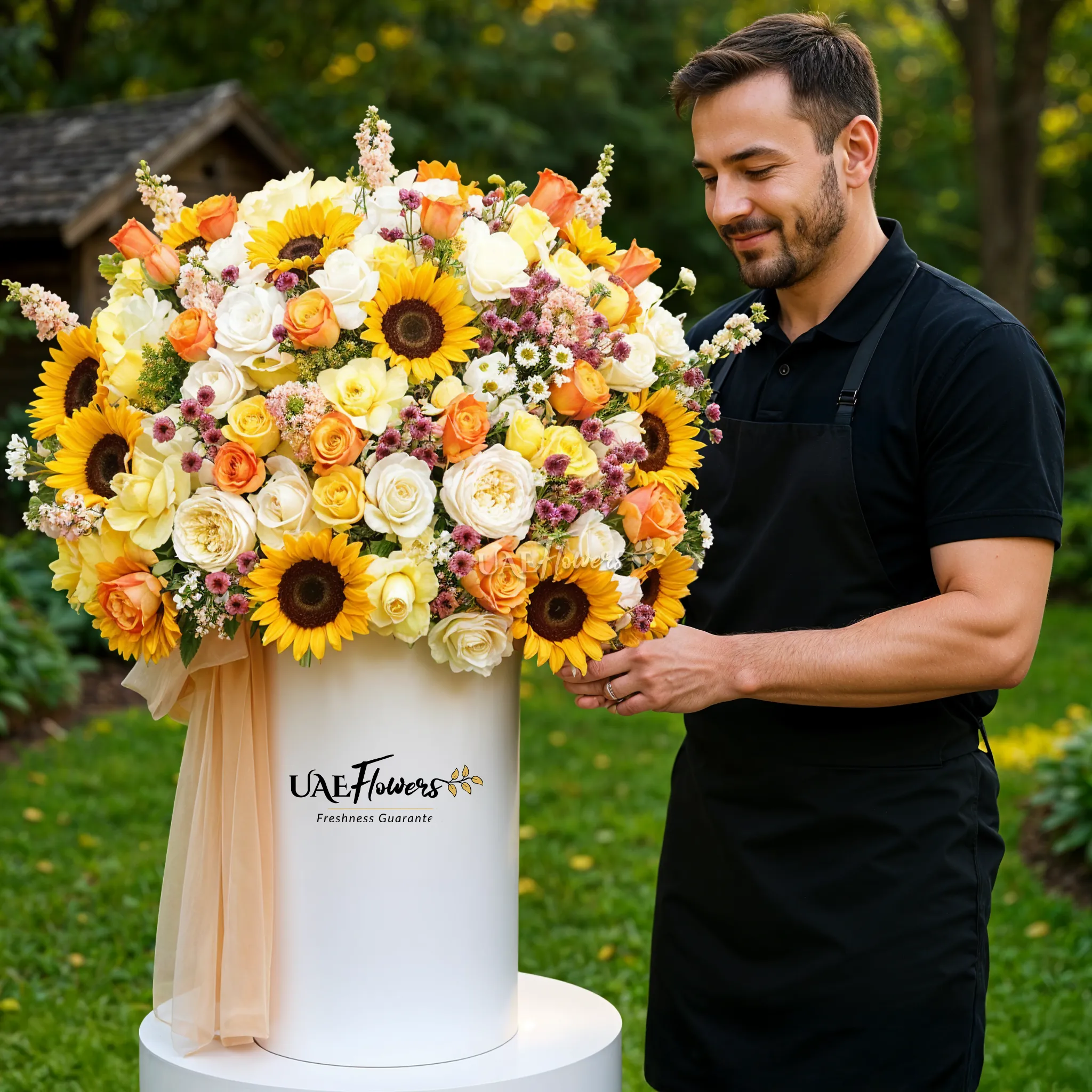 An arrangement of sunflowers, peach roses, cream roses, yellow roses, orange roses, meron button chrysanthemum, white button chrysanthemum and peach mattihola with green fillers and peach net in a tall round box.