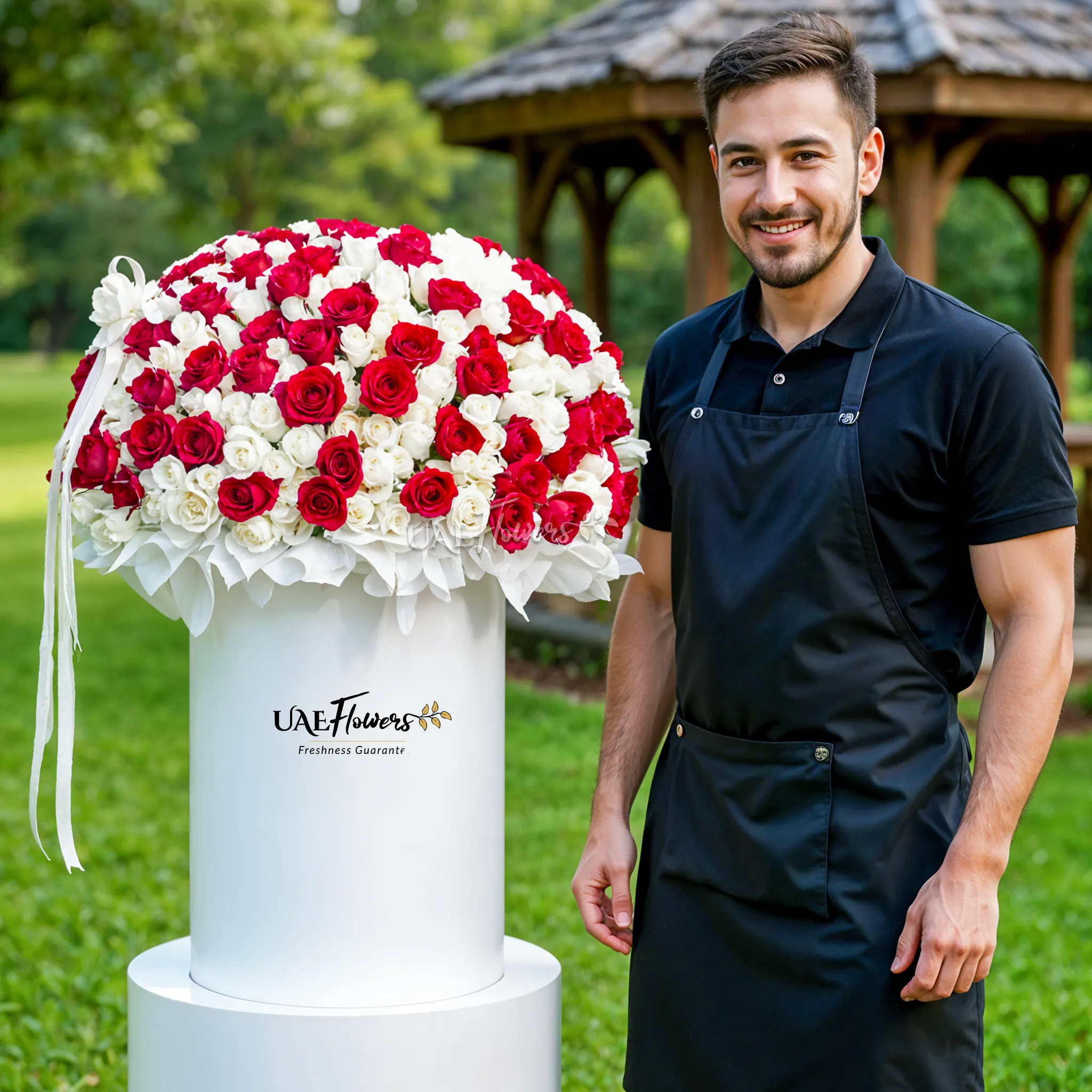 Full round arrangement of 300 red and white roses in a tall round box.