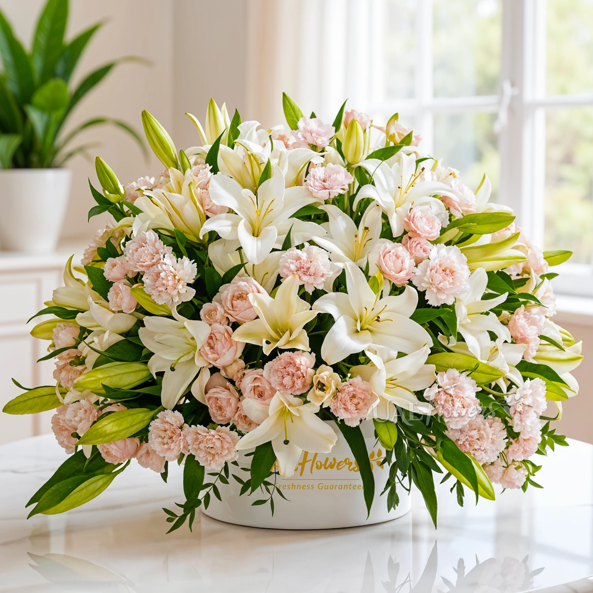 15 white lilies, 20 light pink carnations, and 10 pink spray roses 15 white lilies, 20 light pink carnations, and 10 pink spray roses