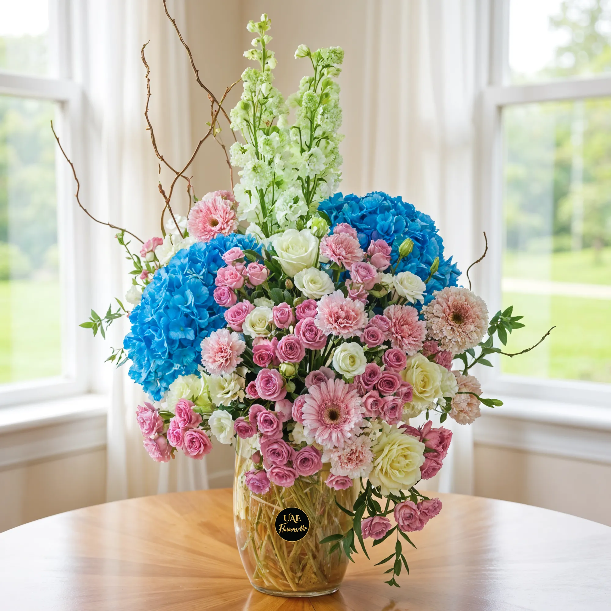 glass vase arrangement of blue hydrangeas, white delphinium, white roses, pink carnations, pink gerberas,