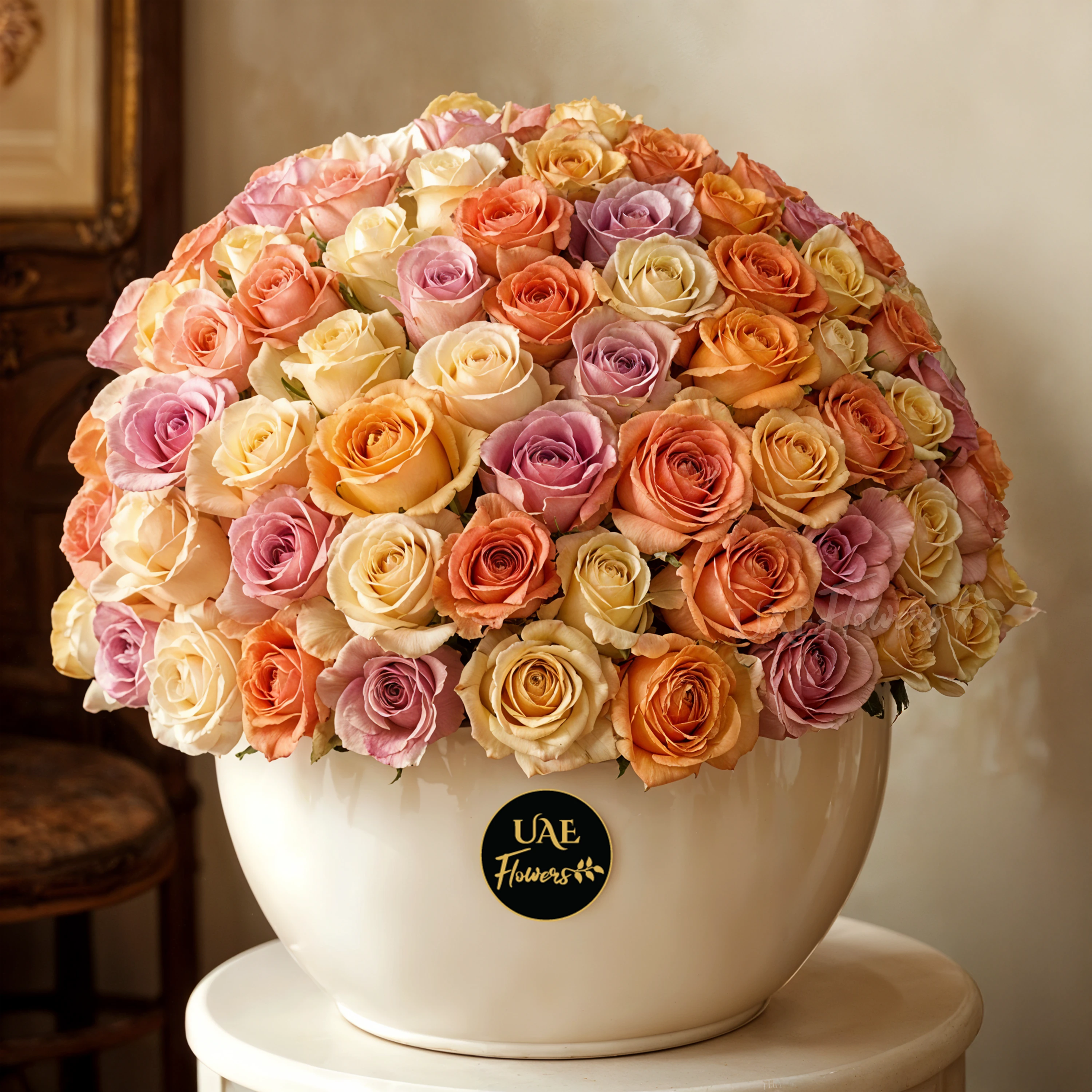 100 pastel colour roses in ceramic vase arrangement