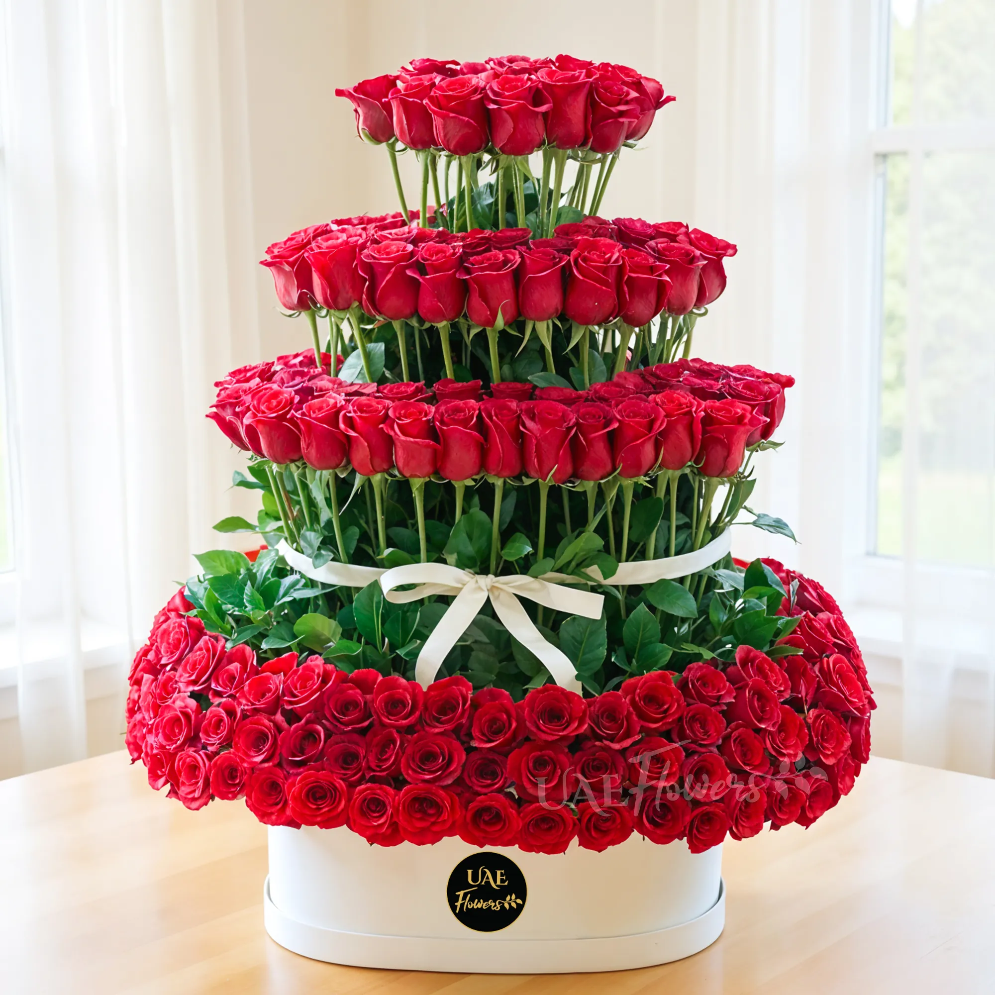 200 red roses arranged in 4 standing layers placed inside a white round box