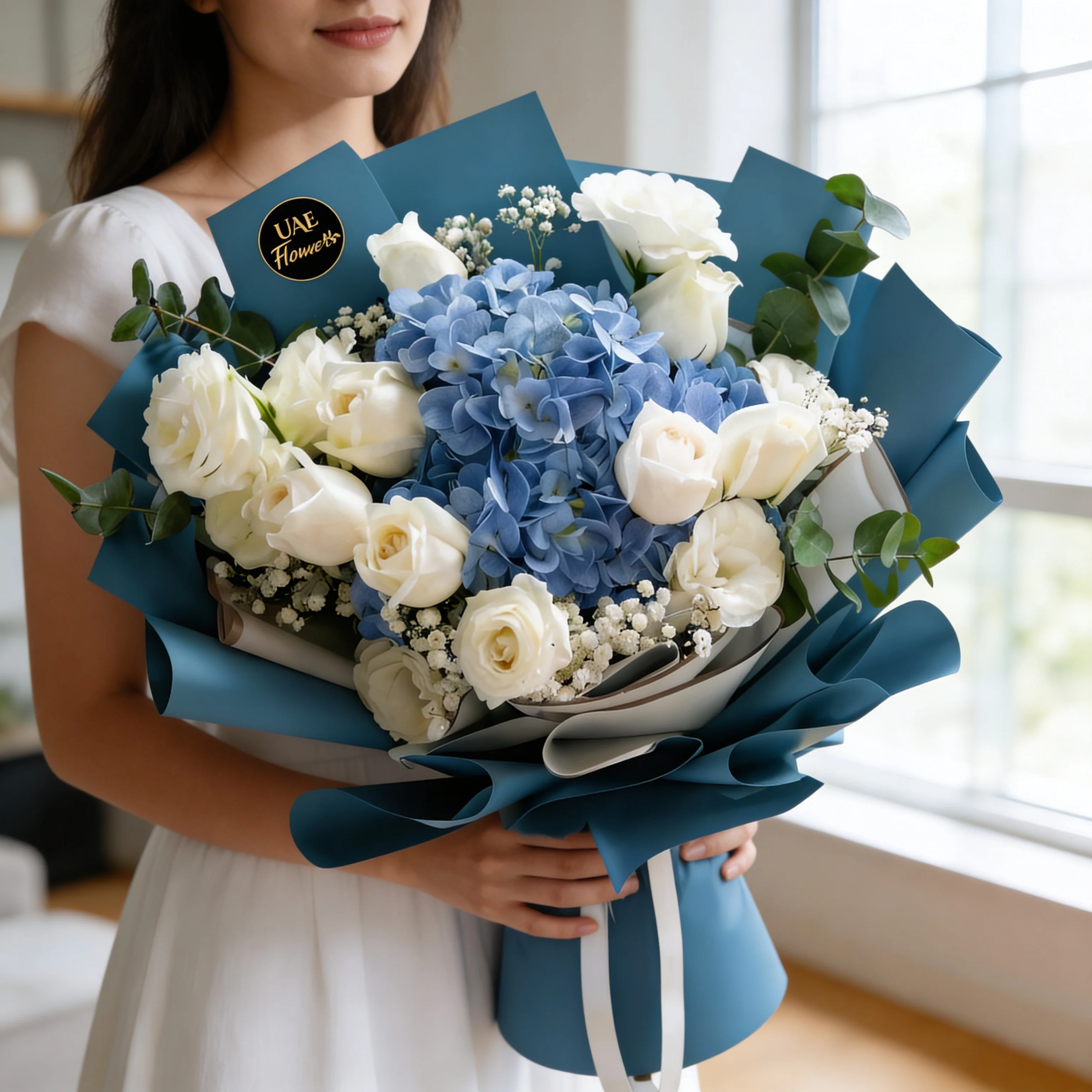 A bouquet of 1 blue hydrangea and 14 white rose with baby breath in blue and white wrapping paper tied with white ribbon A bouquet of 1 blue hydrangea and 14 white rose with baby breath in blue and white wrapping paper tied with white ribbon