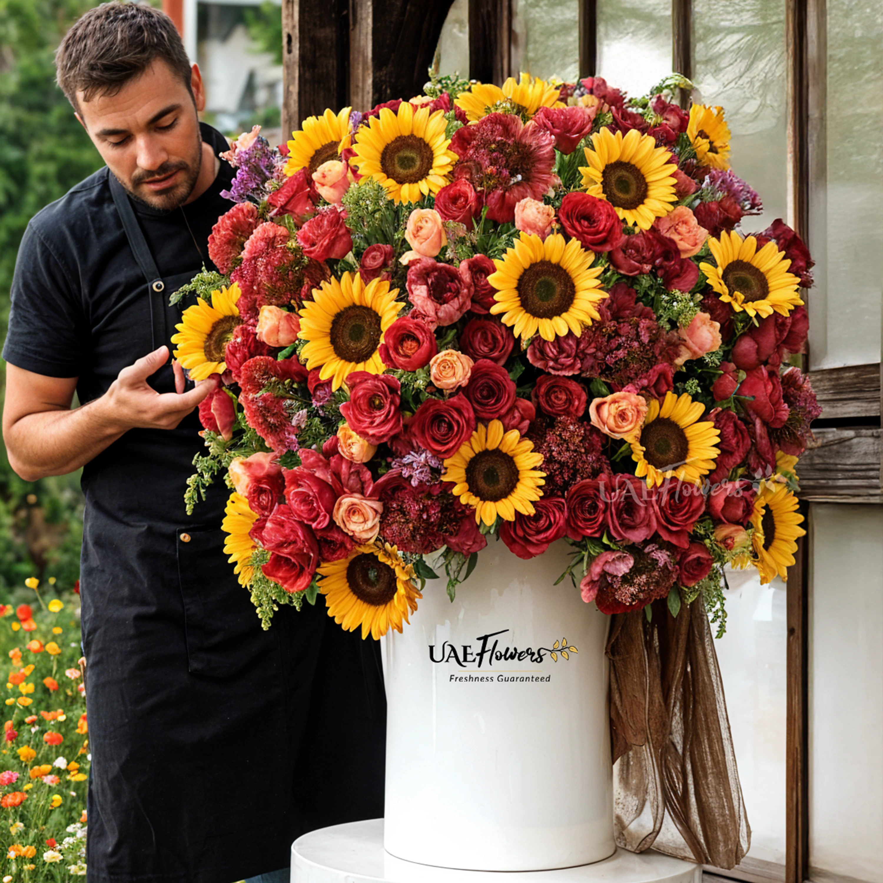 Sunflowers, Red roses, Orange roses and Red peonies with green fillers and red net in a tall round box.
