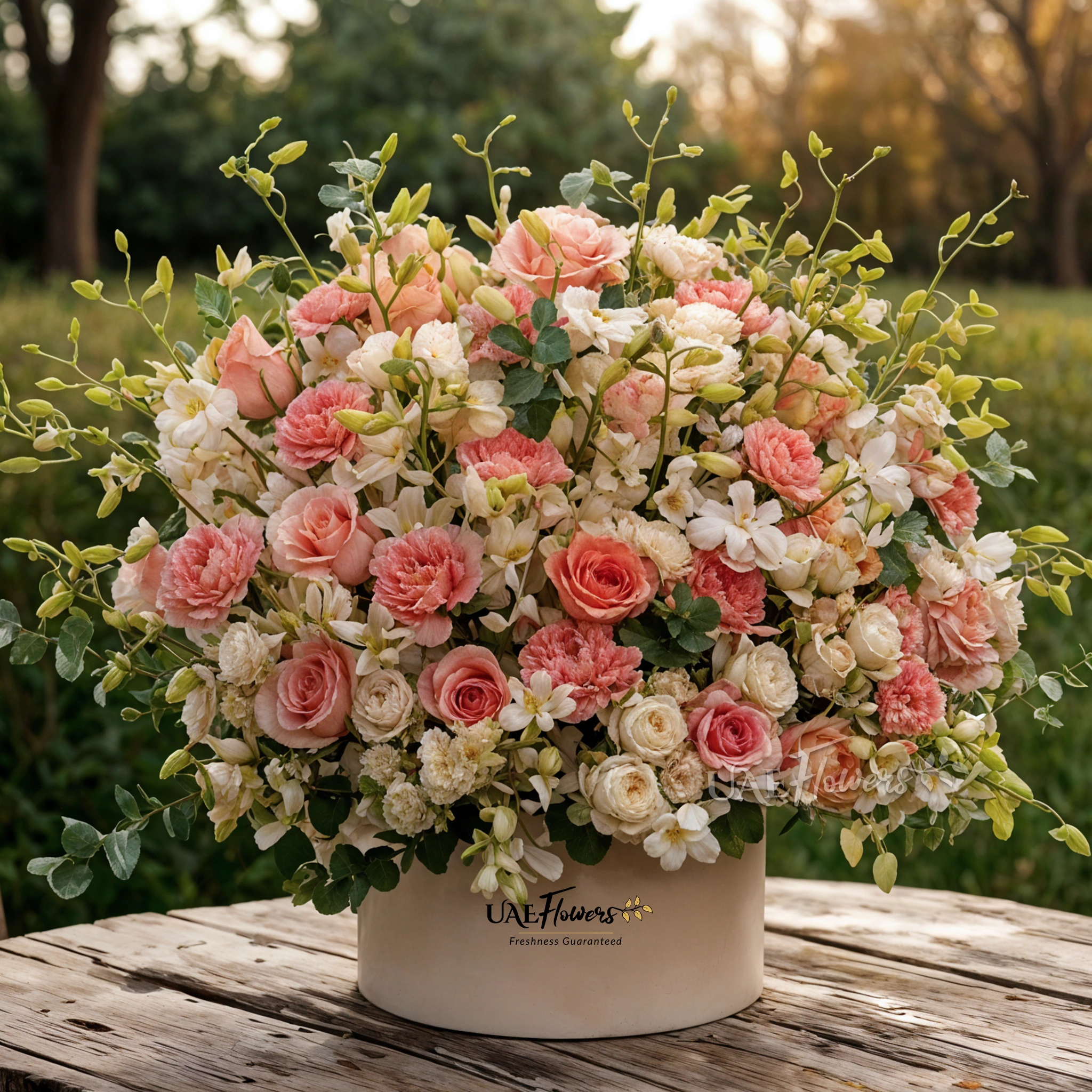 A box arrangement of 20 white orchids, 12 pink roses, 12 pink carnations and 5 white spray roses with green fillers.