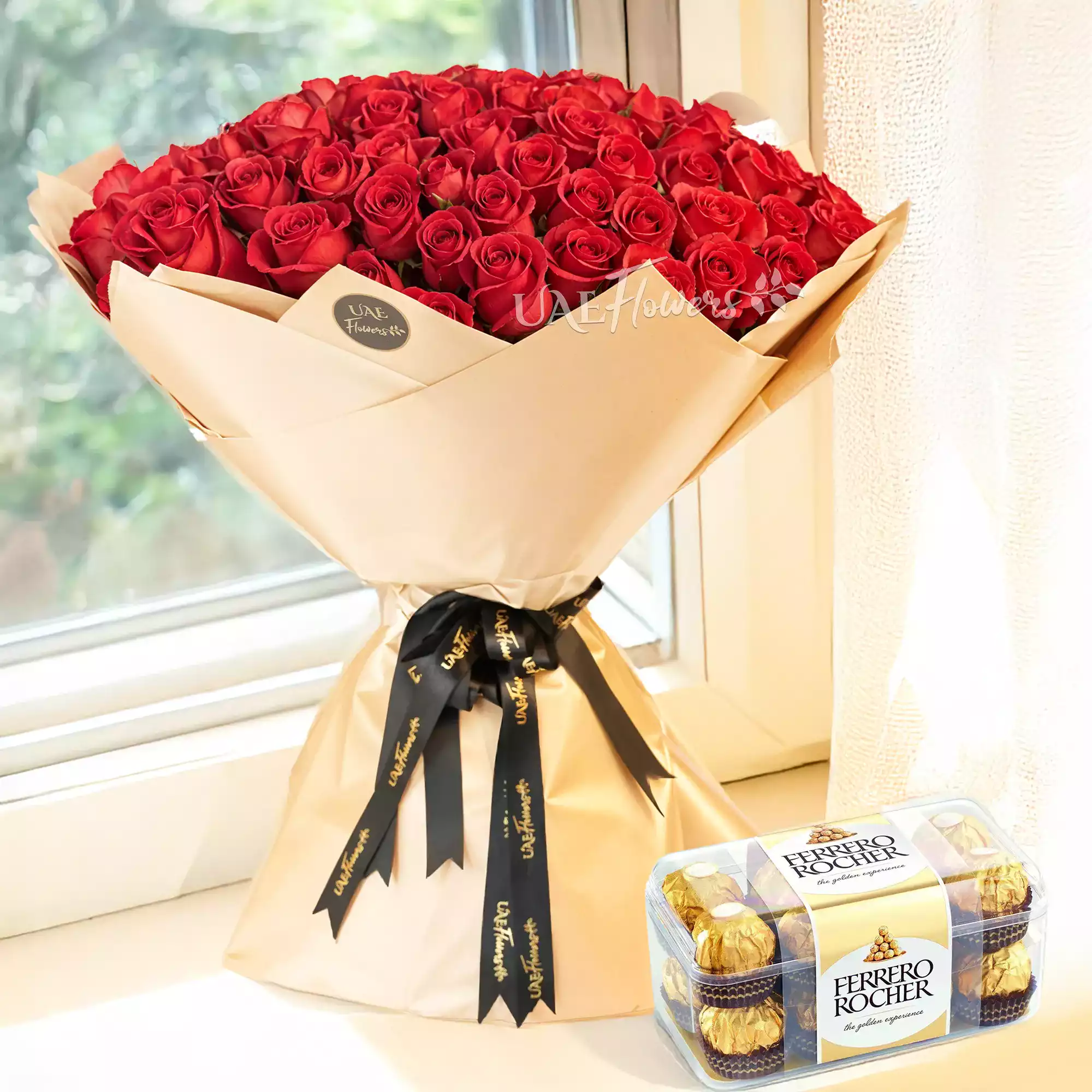 Bouquet of 100 red roses and 16 pcs of Ferrero Rocher Chocolate box.