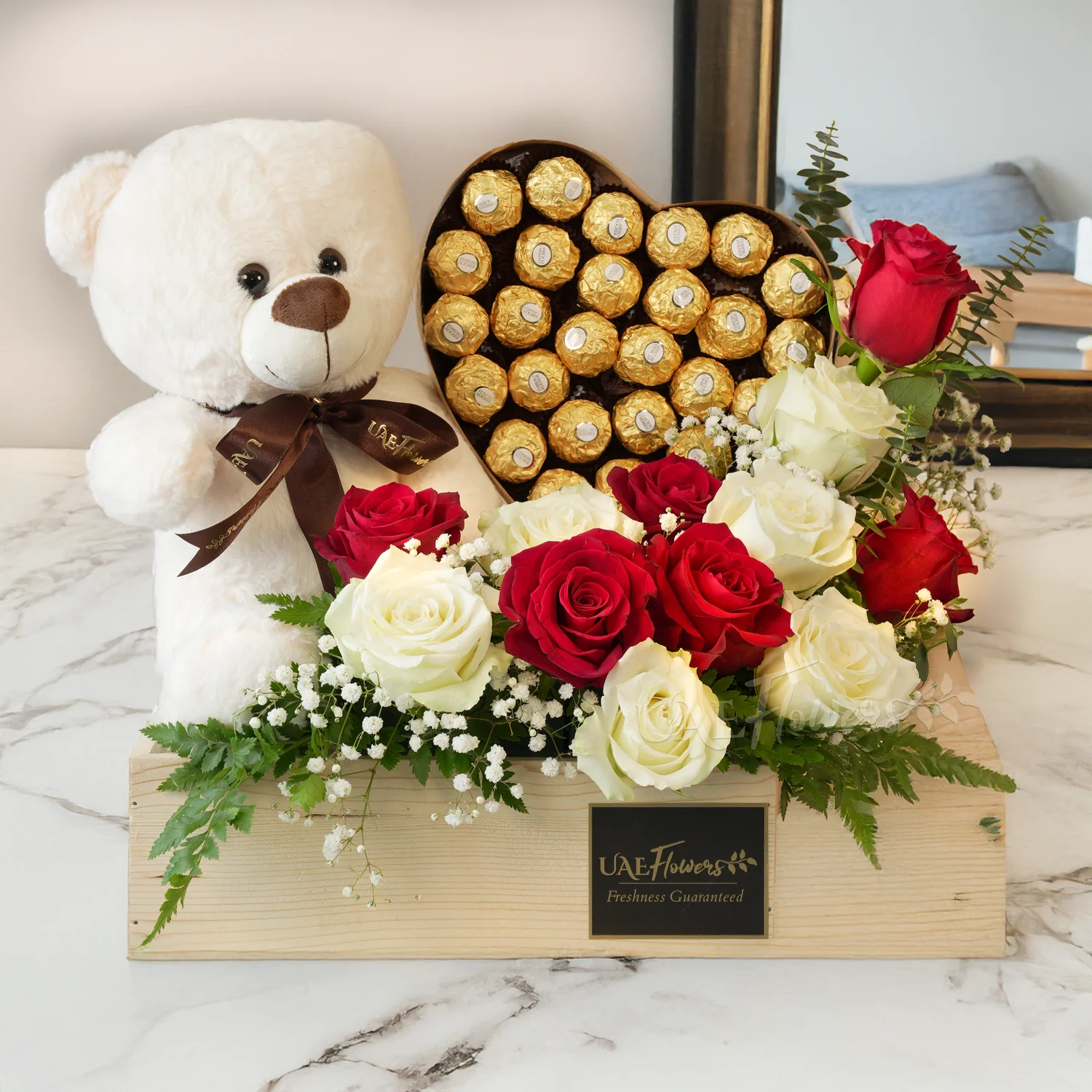 floral tray with 12 red & white roses, teddy, fillers, and 24 Ferrero Rocher