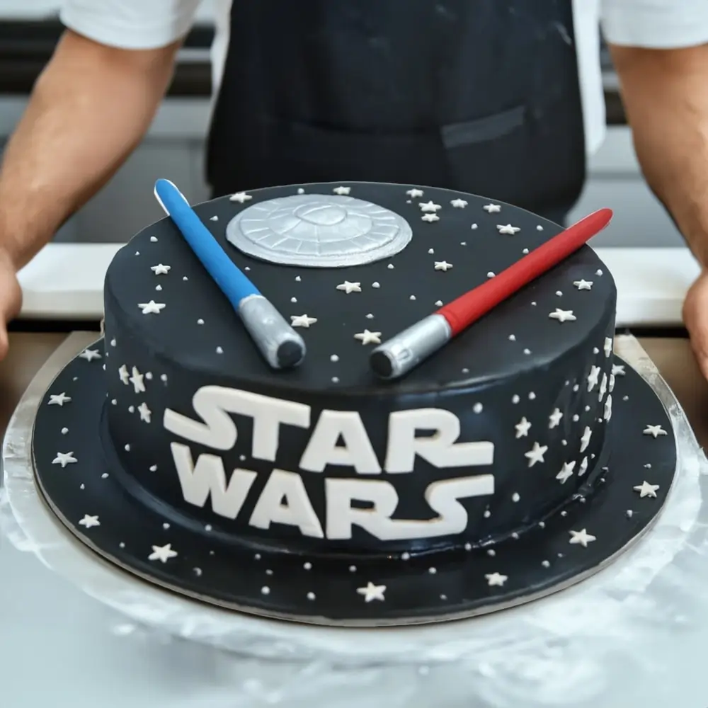 galaxy fondant cake with lightsaber designs and a miniature Millennium Falcon.