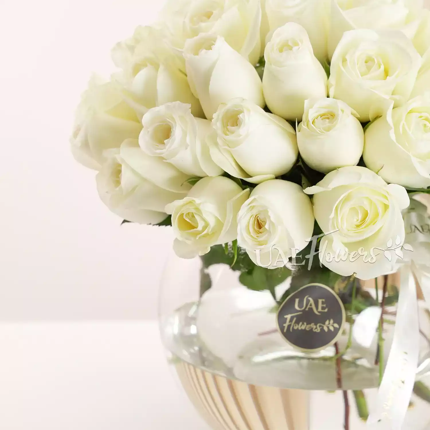 Round glass vase with 20 white roses, baby's breath, and green fillers, elegantly arranged.