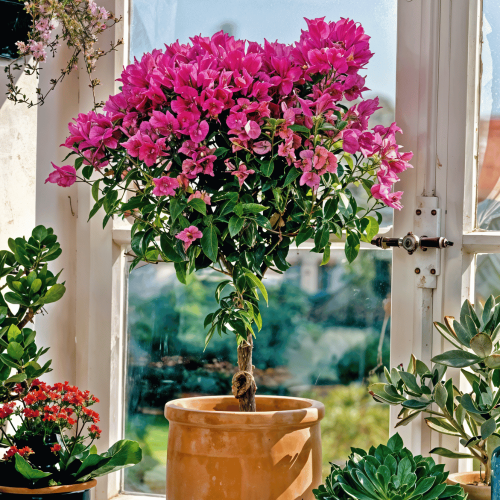 Bougainvillea plant by a window, blooming with vibrant pink flowers in a terracotta pot, adding charm to Outdoor décor.