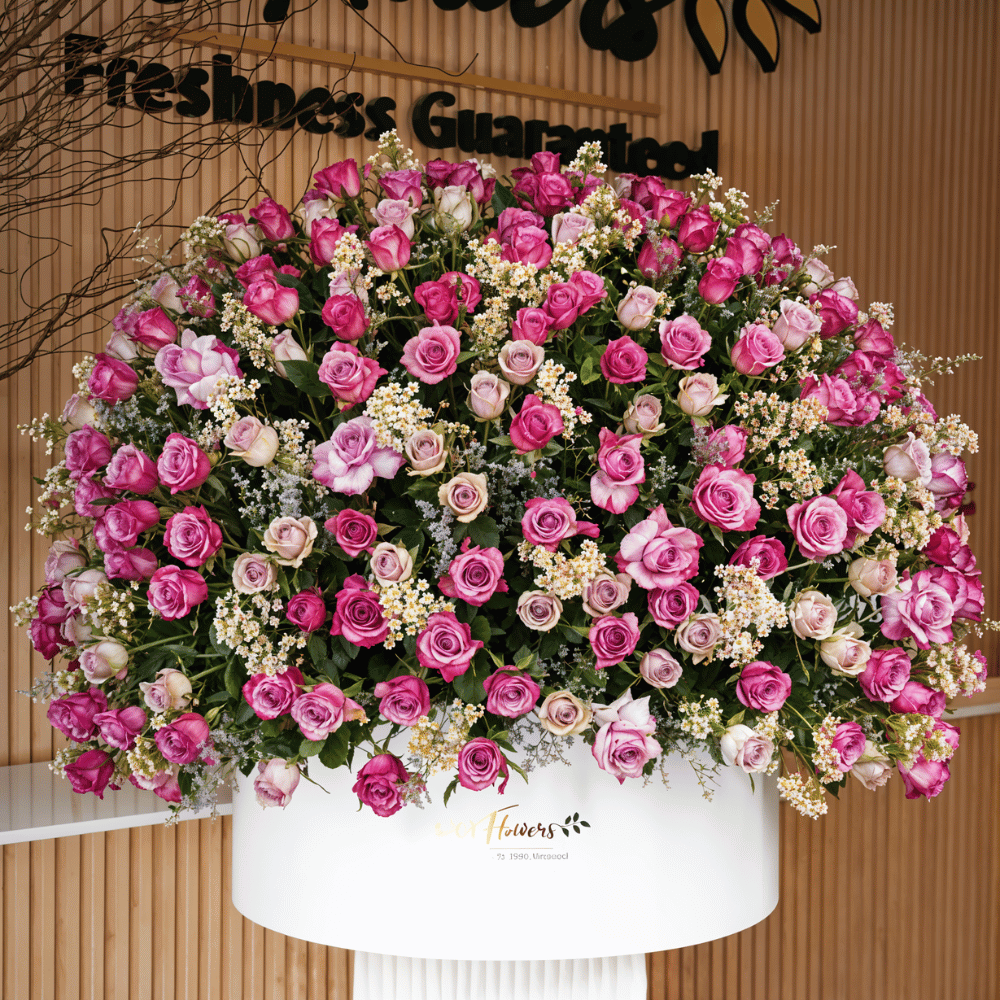 A large bouquet of pink and purple roses