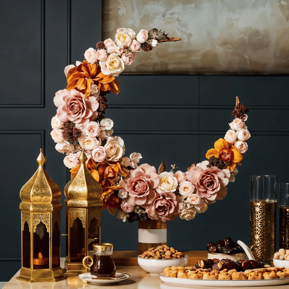 Crescent moon floral decor with roses and lanterns on a table set for Ramadan Decorations.