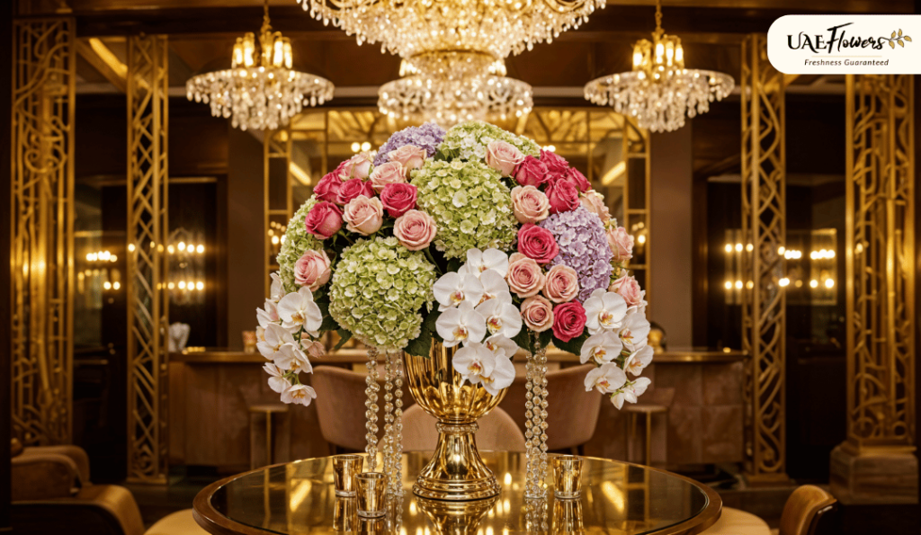 Luxurious floral arrangement with roses, hydrangeas, and orchids in a gold vase, set in an elegant venue with chandeliers