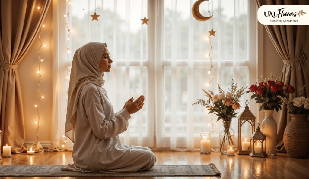 A woman in a hijab prays in a serene, candlelit space with flowers and Ramadan decor.