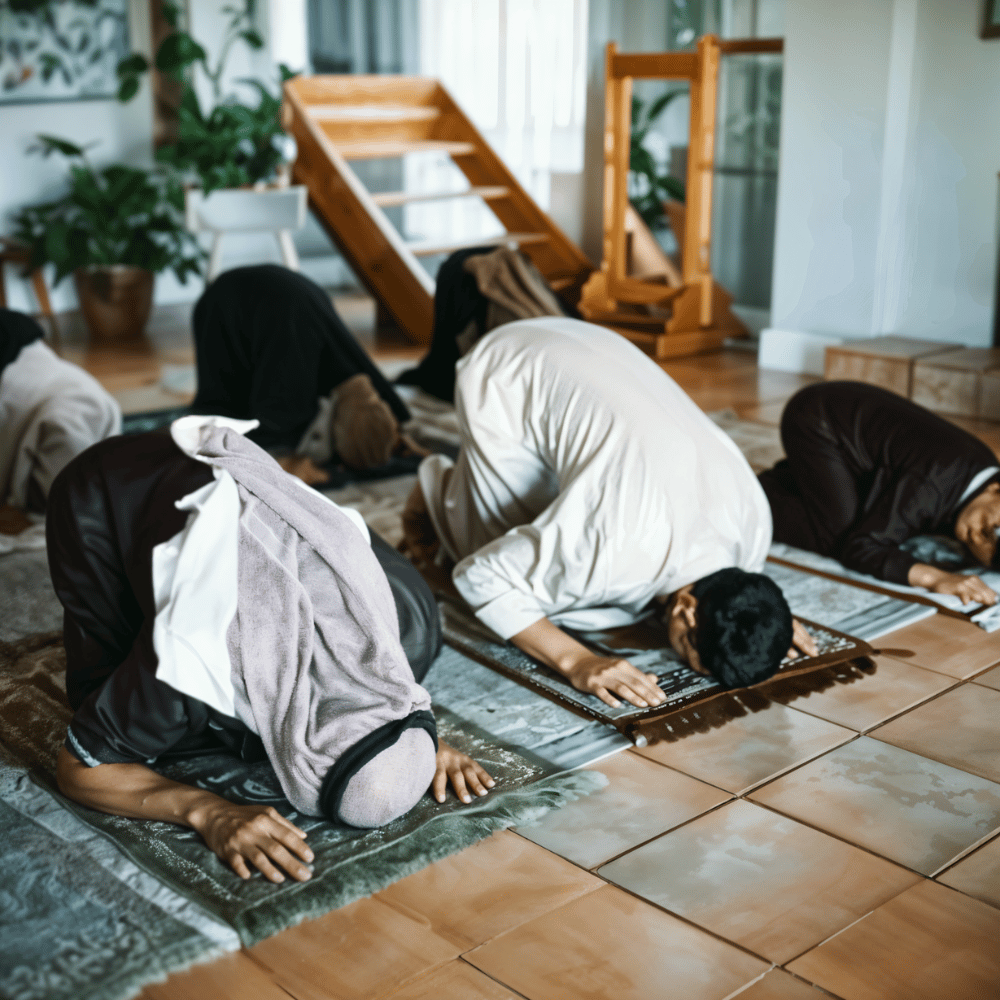 A group of worshippers bowing in prayer inside a mosque, emphasizing devotion and spirituality during Ramadan.