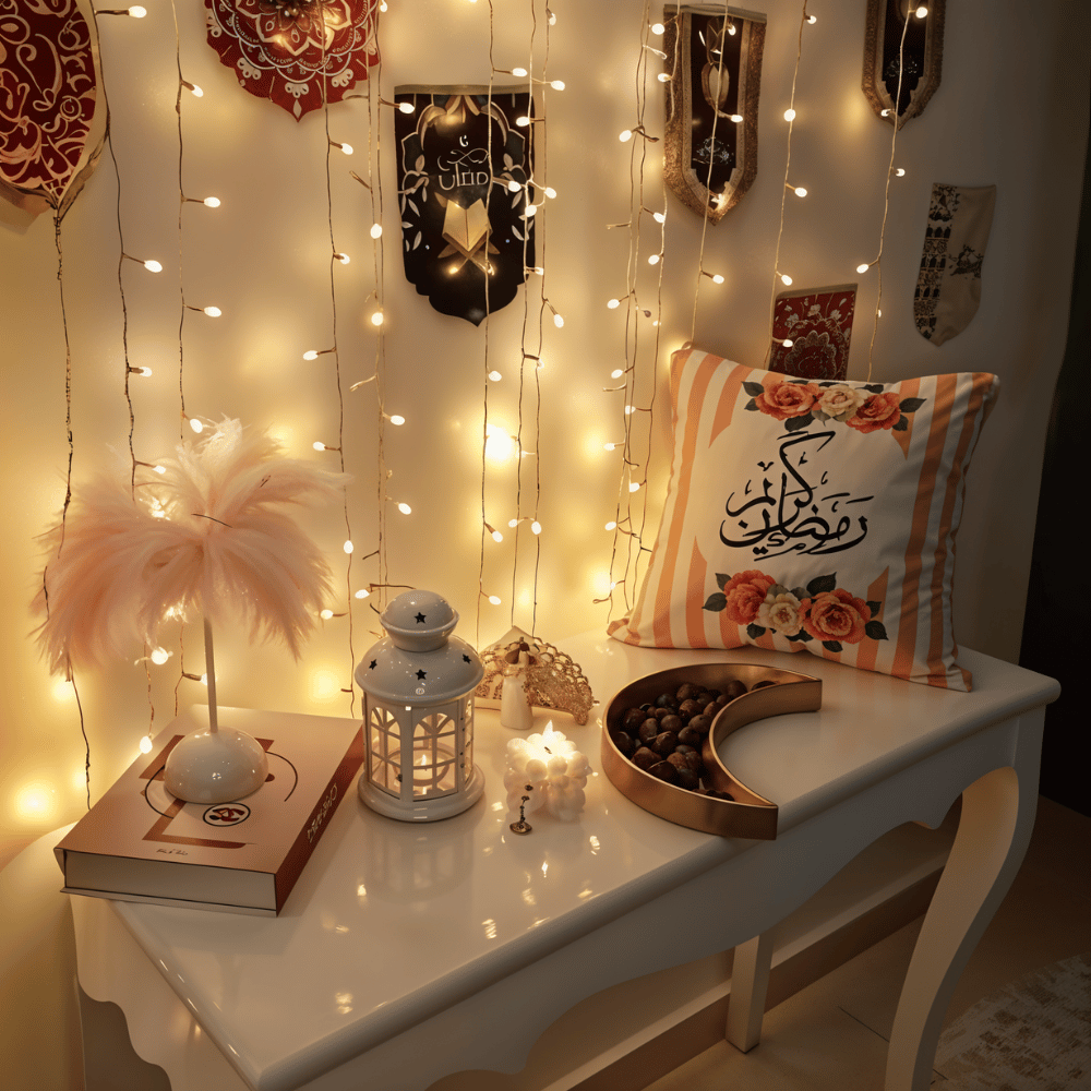 Cozy Ramadan setup with fairy lights, a lantern, a crescent tray of dates, and an Arabic cushion.