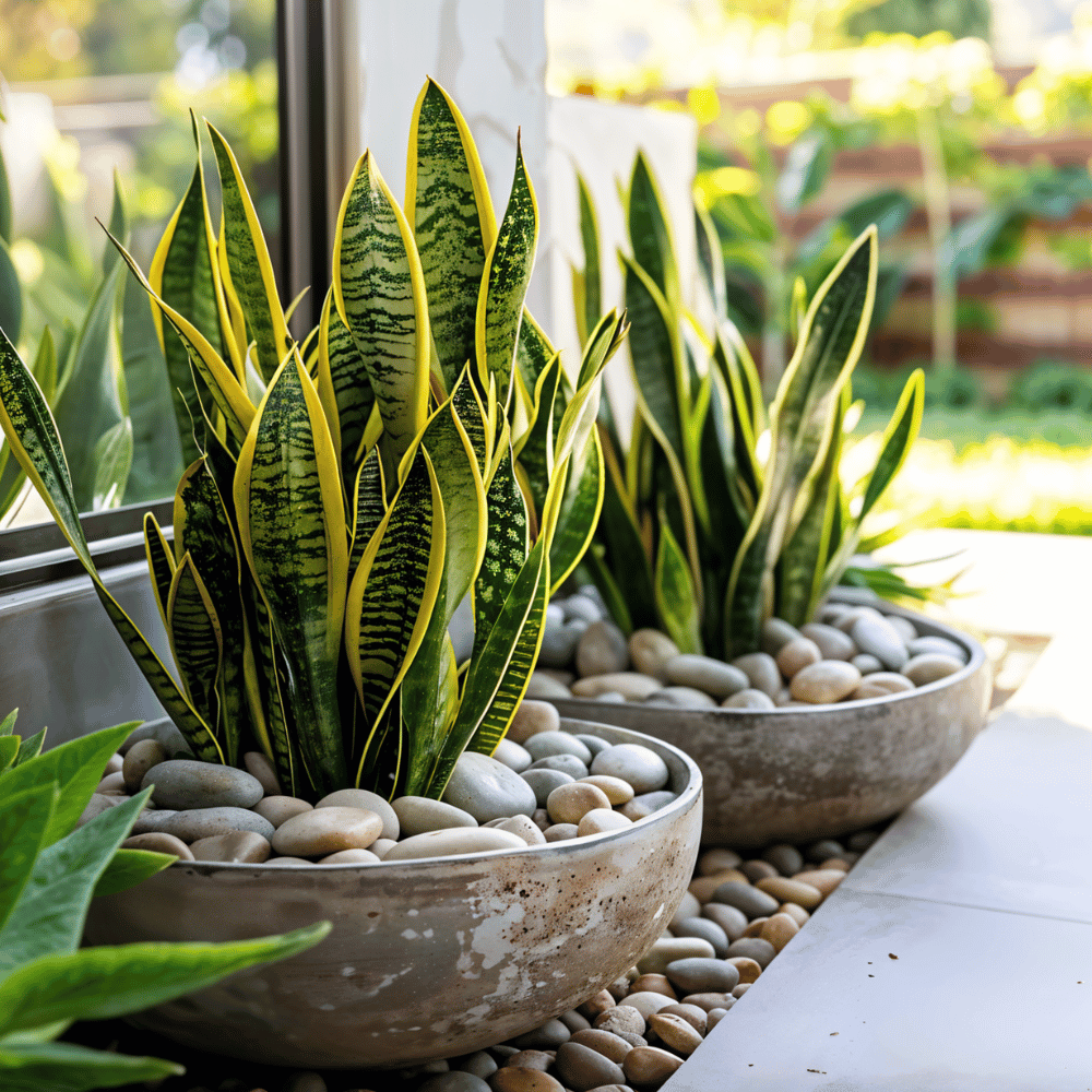 A pair of snake plants in ceramic pots, surrounded by pebbles, adding a modern, low-maintenance touch to home decor.