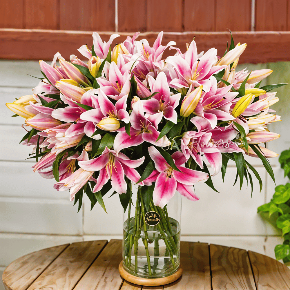 Fresh pink lilies in a glass vase.