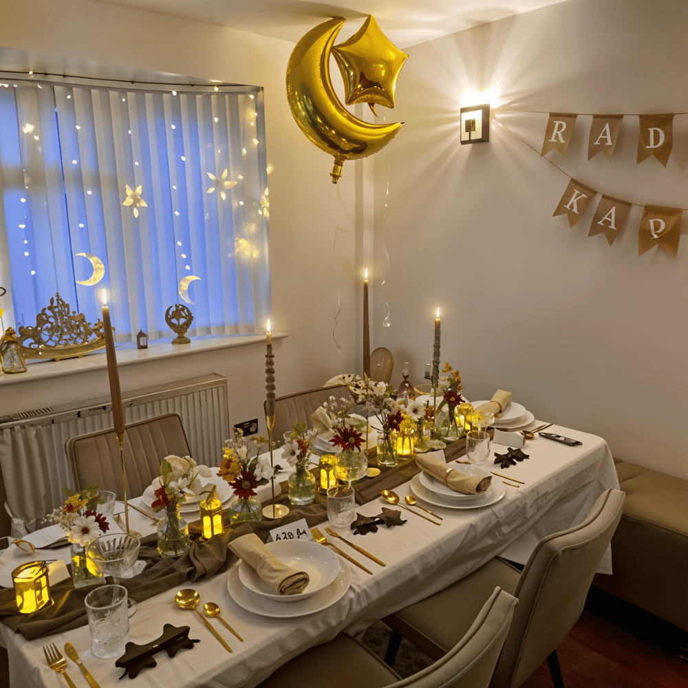 Elegant Ramadan dining table with candles, gold cutlery, and crescent moon decorations.