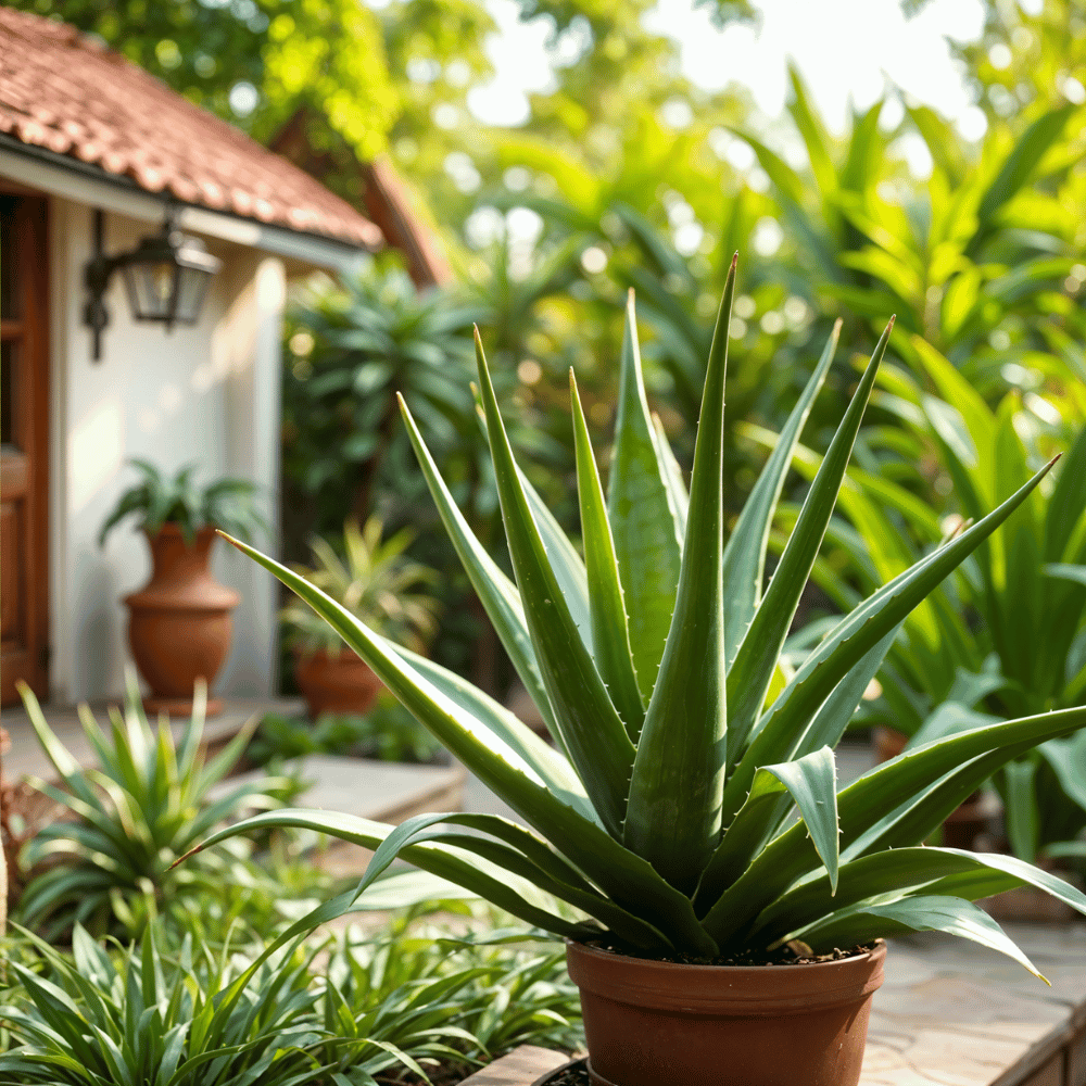A healthy aloe vera plant in a terracotta pot, thriving in an outdoor garden with abundant greenery in the background.