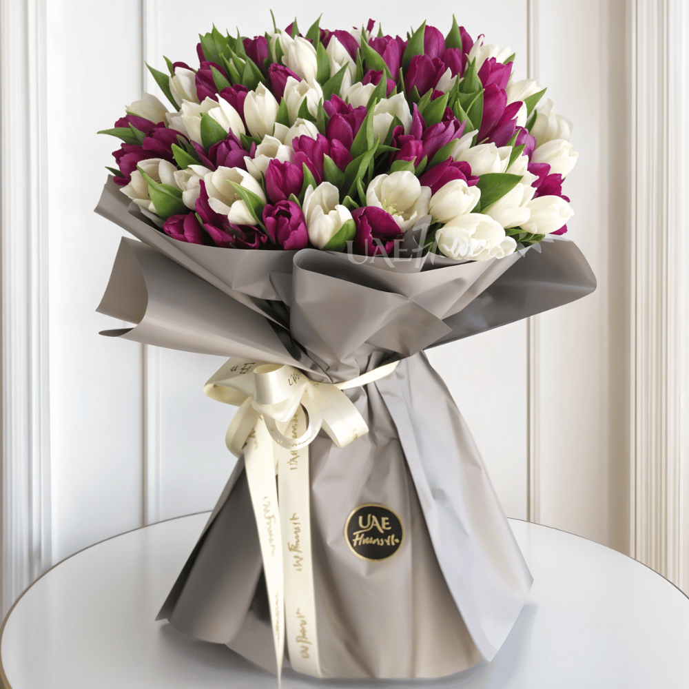 A bouquet of purple and white tulips.