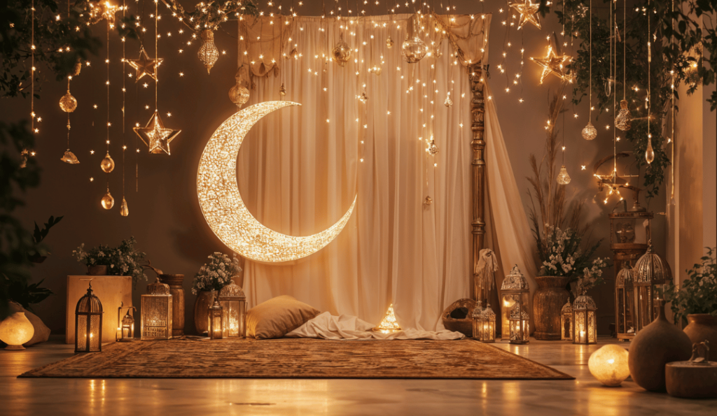 A crescent moon with lights in front of a curtain with lights, lanterns and plants on the floor