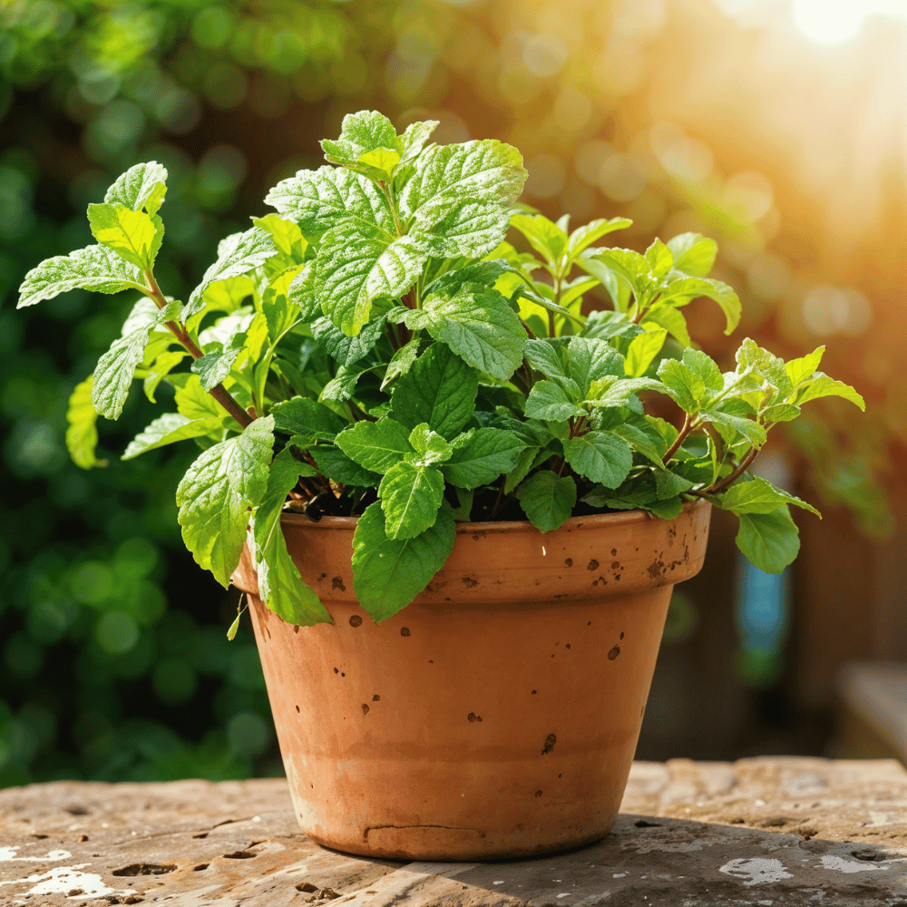 A bright green mint plant in a rustic clay pot, basking in warm sunlight, perfect for fresh herbs in the kitchen.