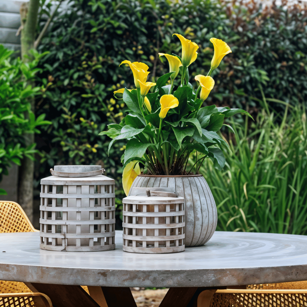 A potted calla lily with elegant yellow blooms sits on a patio table, adding a graceful floral accent to the garden.
