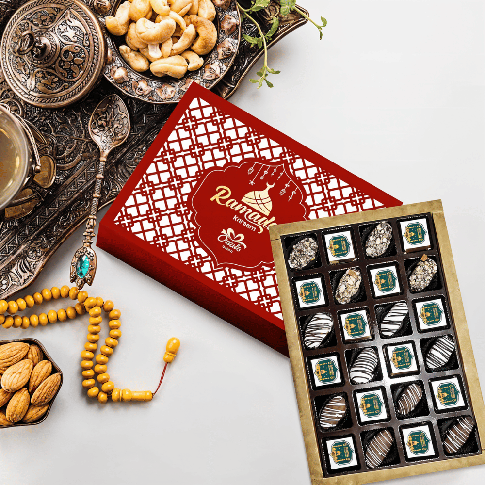 A luxurious Ramadan-themed chocolate gift box, surrounded by traditional Middle Eastern sweets and prayer beads.