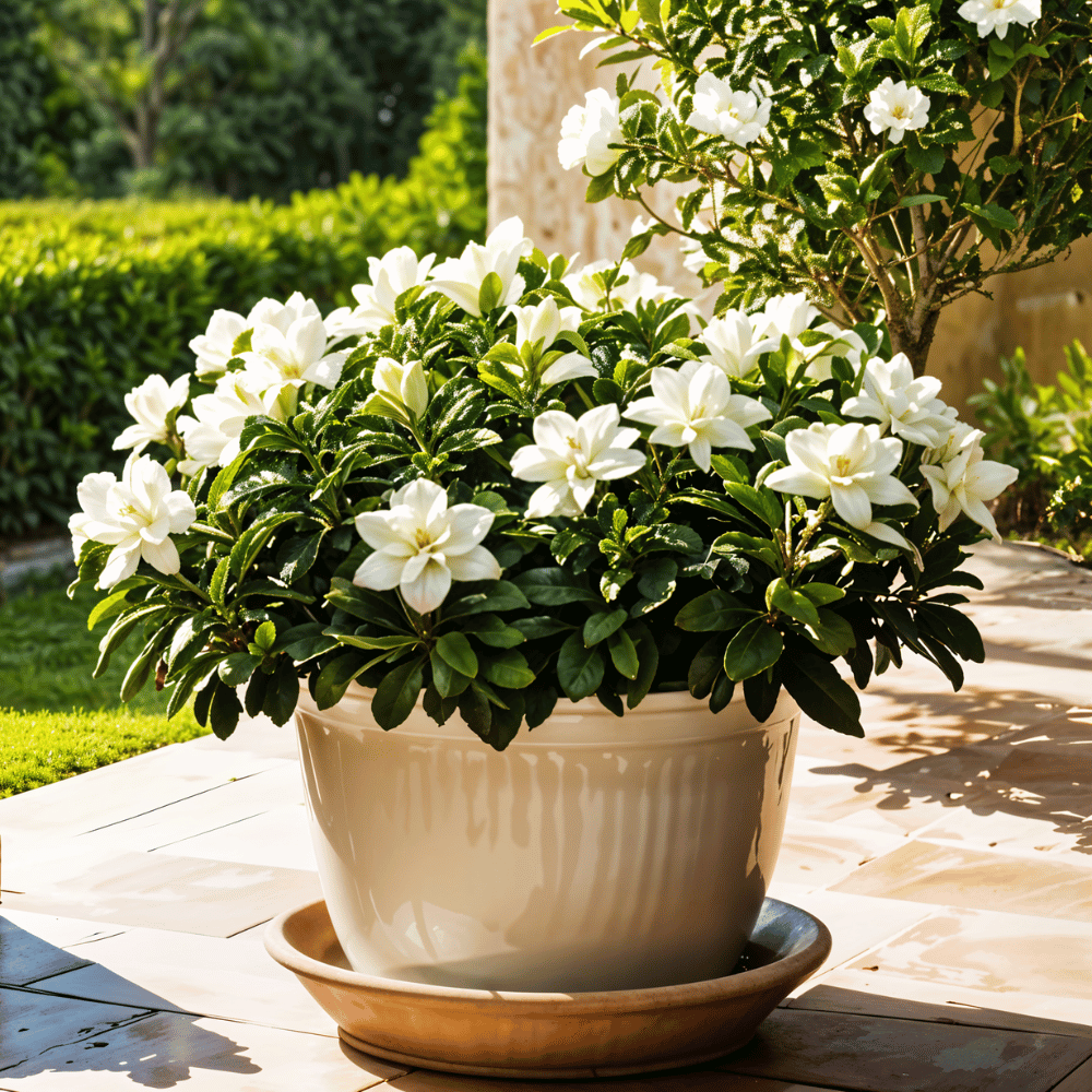 A gardenia plant in a white ceramic pot, displaying fragrant white blossoms and lush green leaves, perfect for Outdoor Plants.