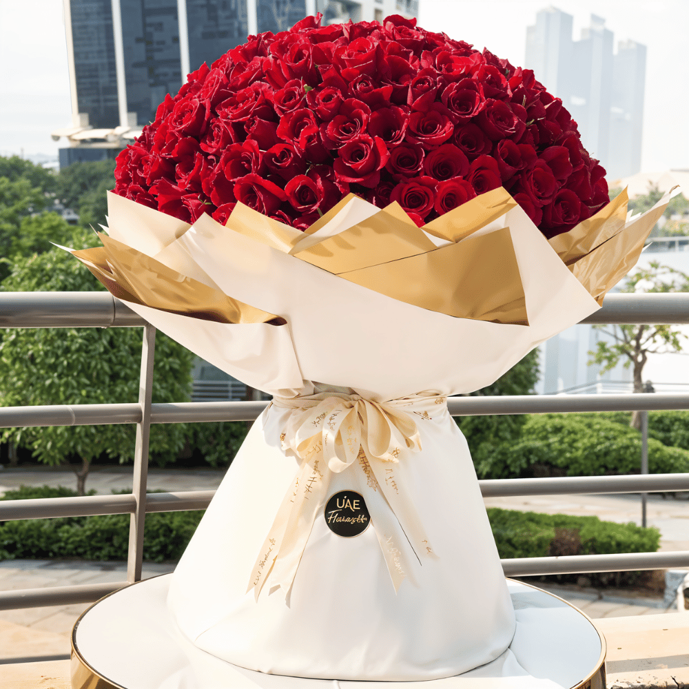 Luxury flowers bouquet of classic red roses.